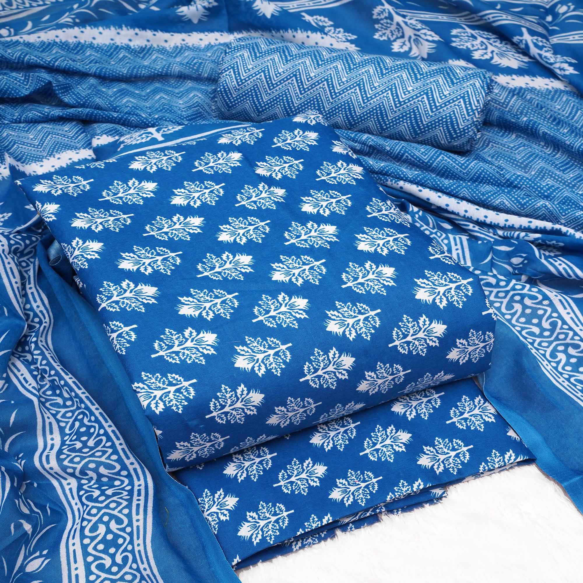 Blue Floral Printed Pure Cotton Dress Material