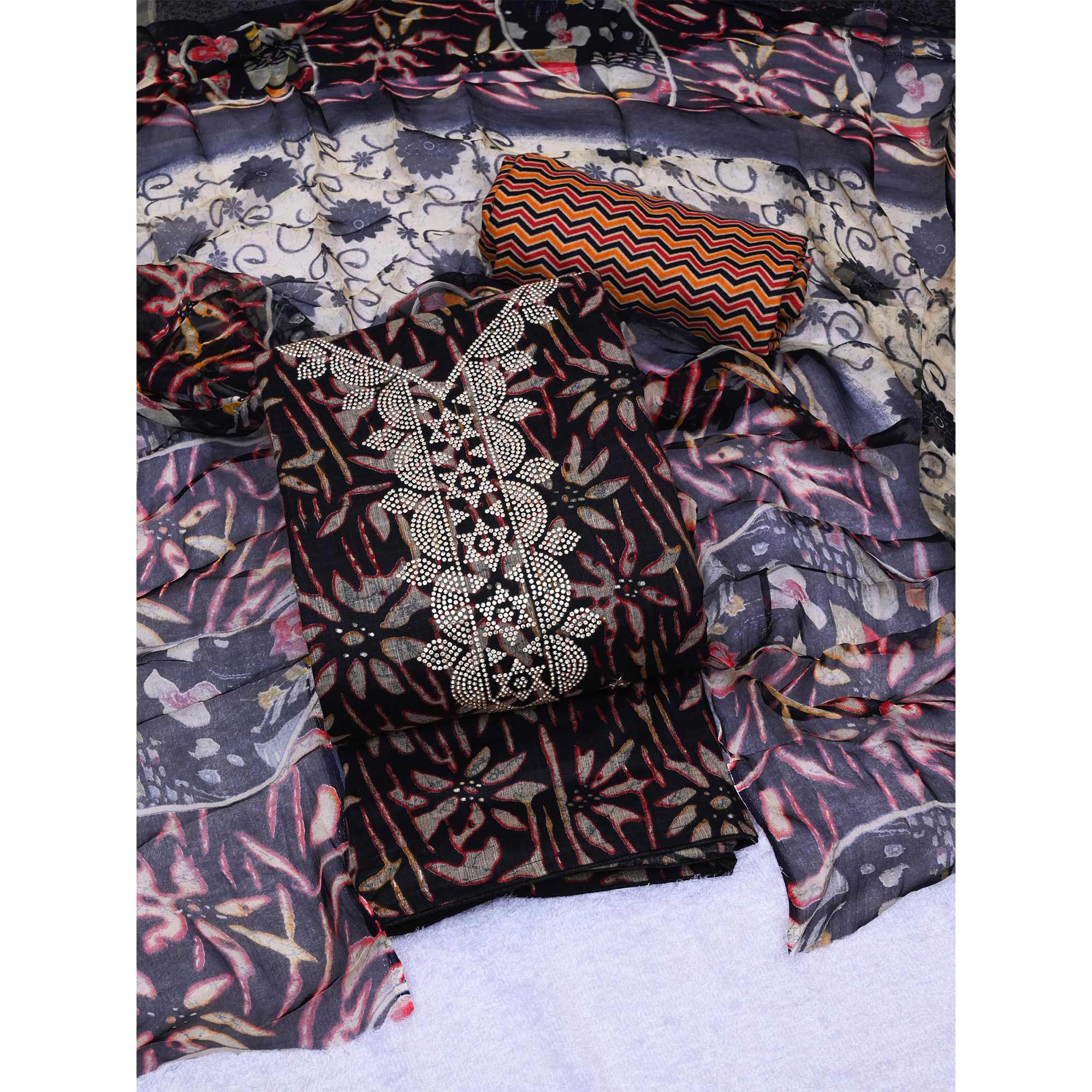 Black Floral Printed Pure Cotton Dress Material