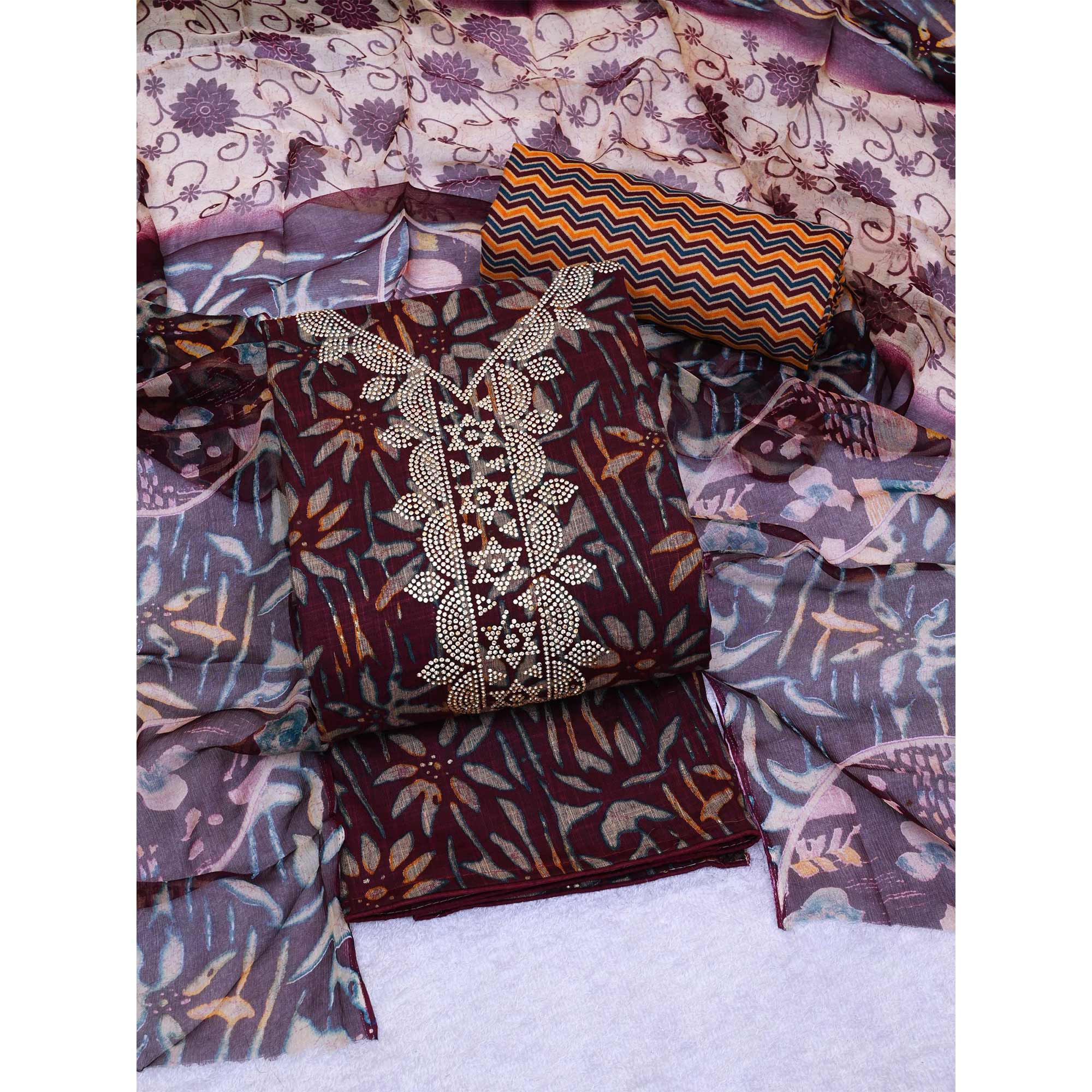 Maroon Floral Printed Pure Cotton Dress Material