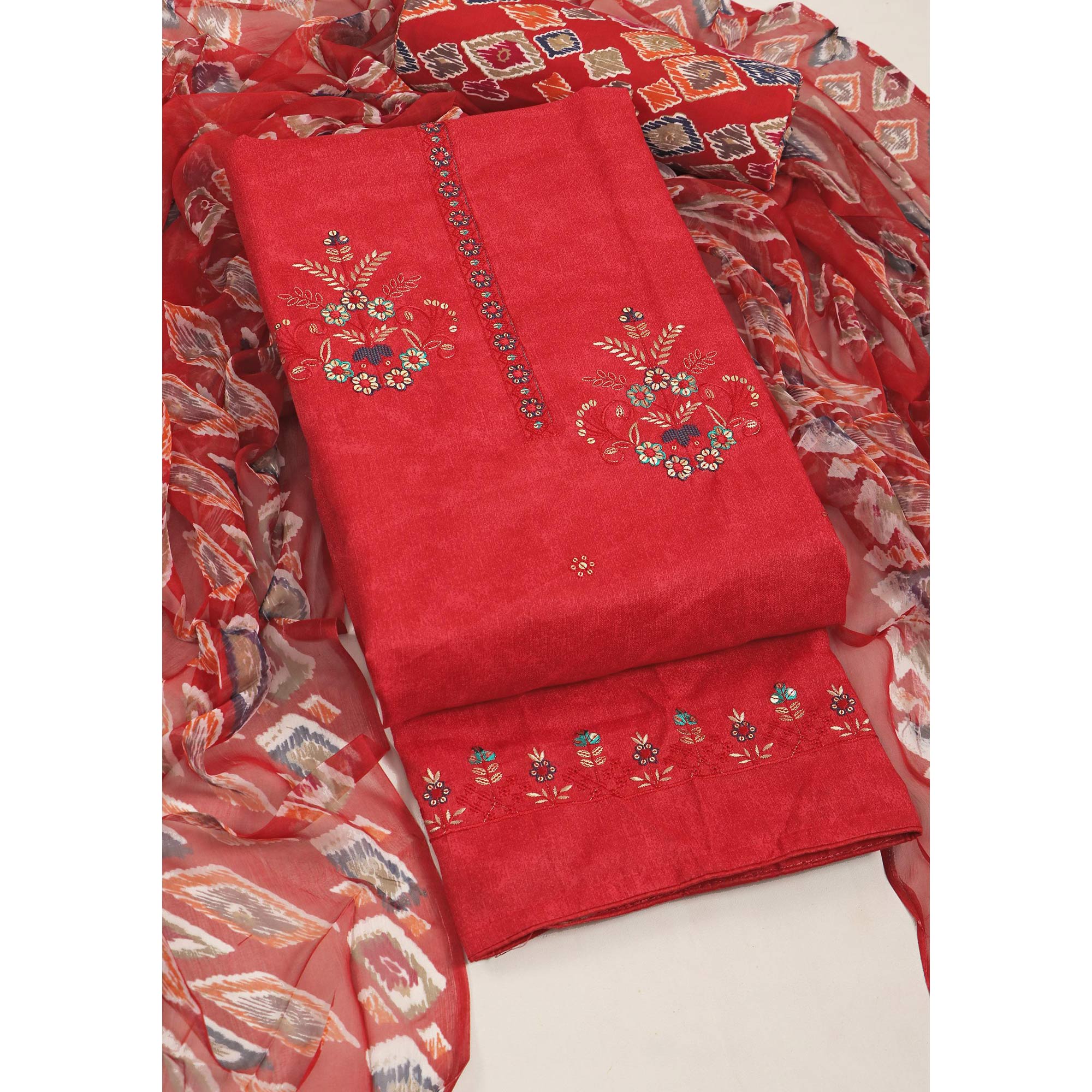 Red Floral Embroidered Pure Cotton Dress Material