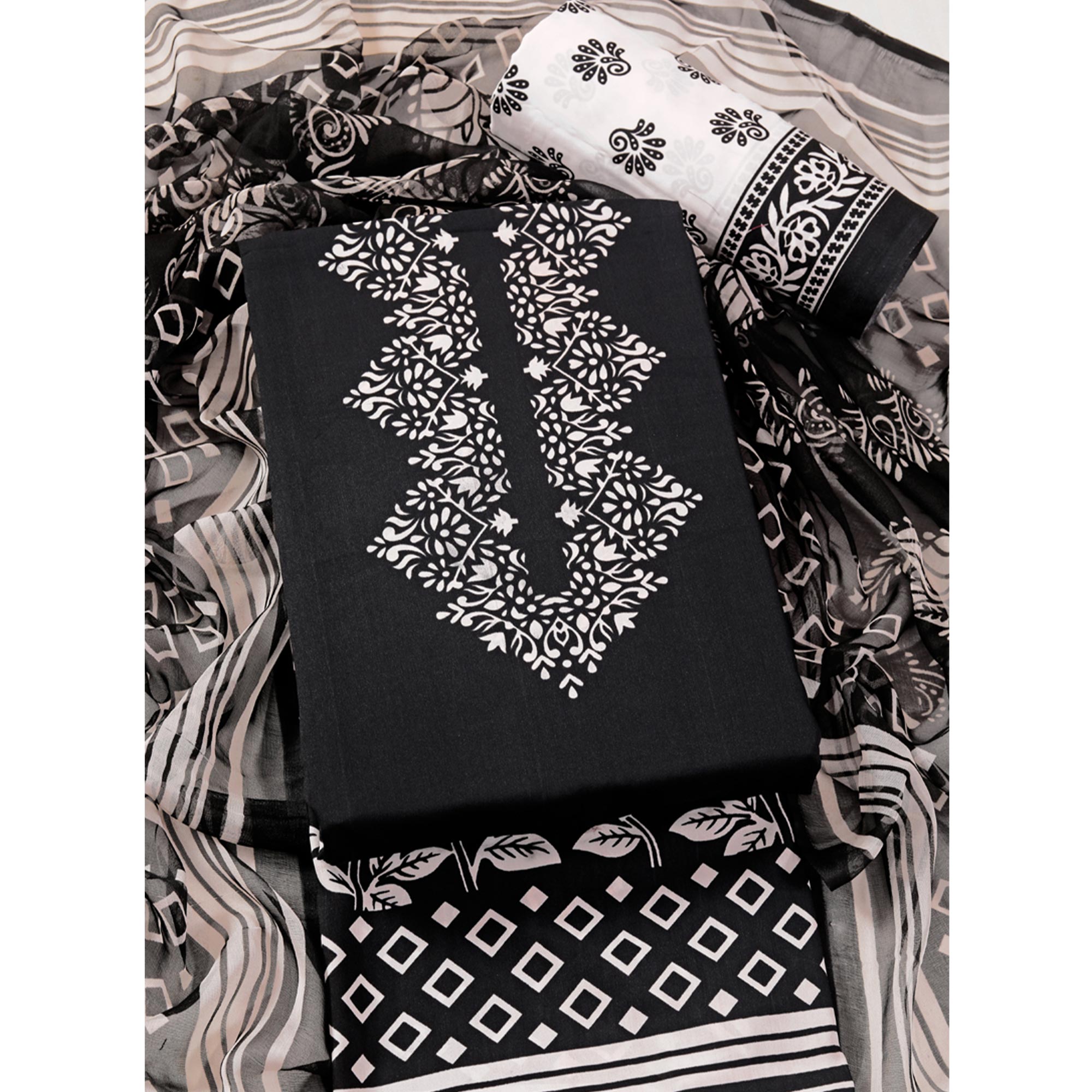 Black Floral Printed Crepe Dress Material