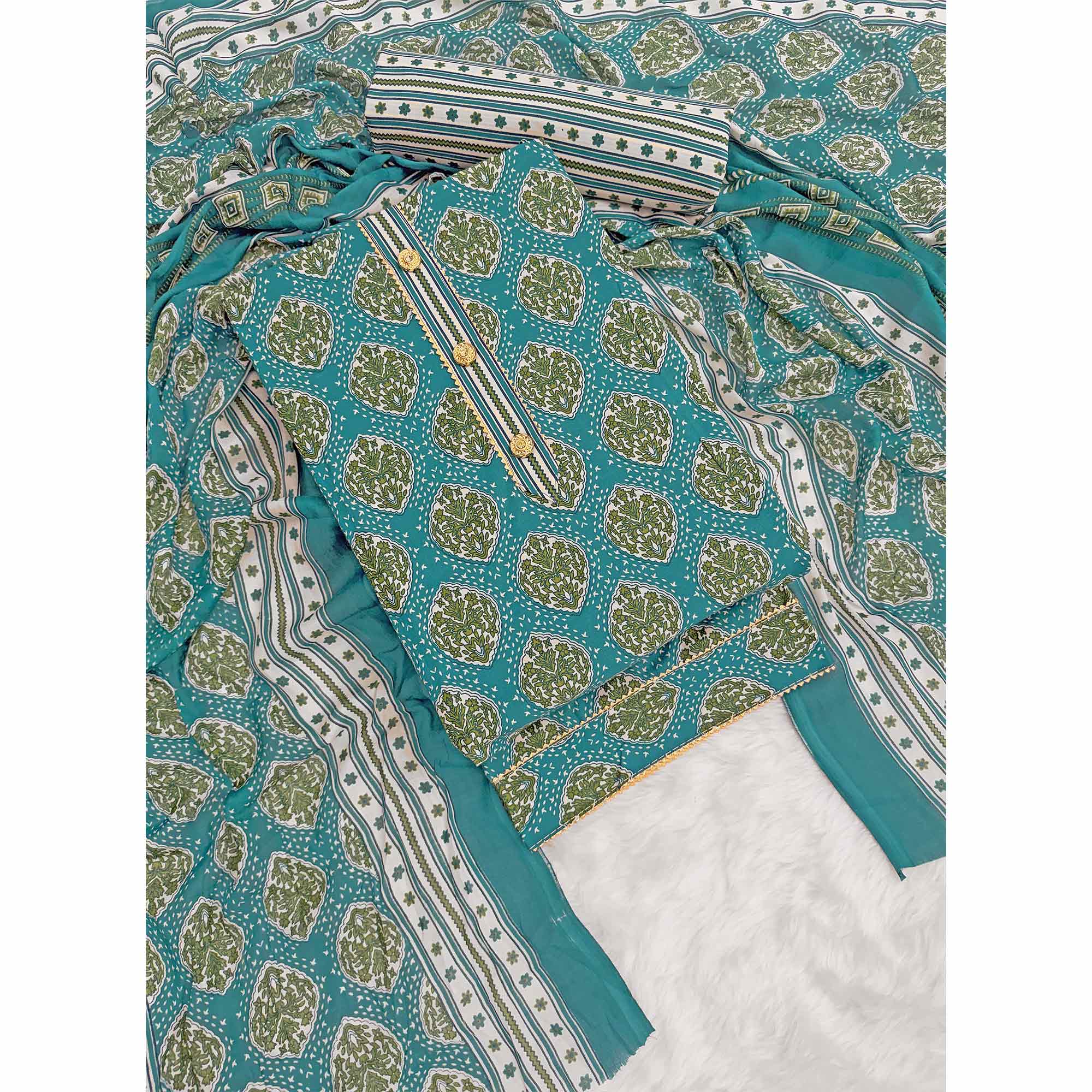 Rama Green Lightweight Pure Cotton Dress Fabric Featuring Delicate Floral Prints