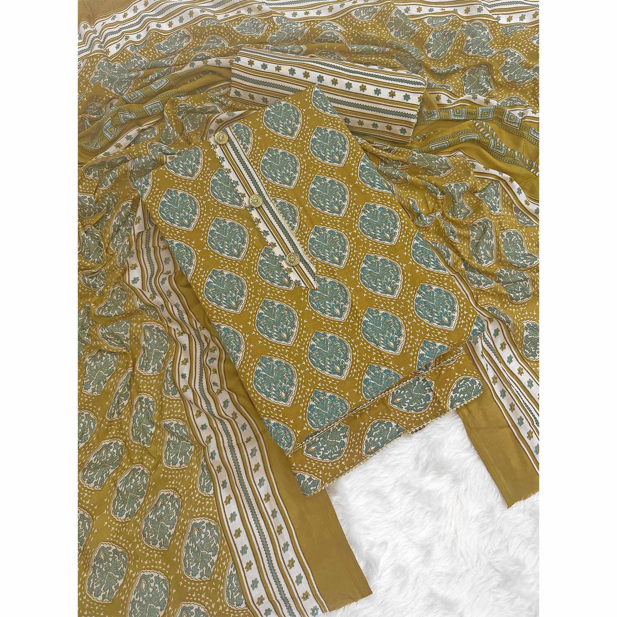 Mustard Lightweight Pure Cotton Dress Fabric Featuring Delicate Floral Prints