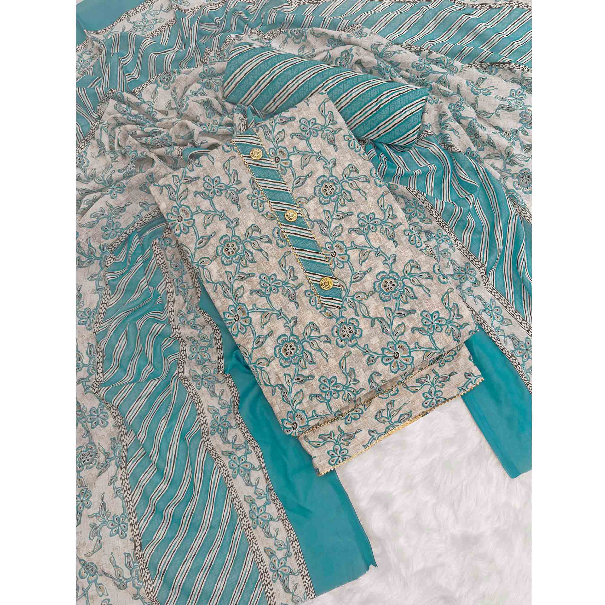 Charming Blue Floral Printed Cotton Blend Dress Material Featuring Intricate Lace Border