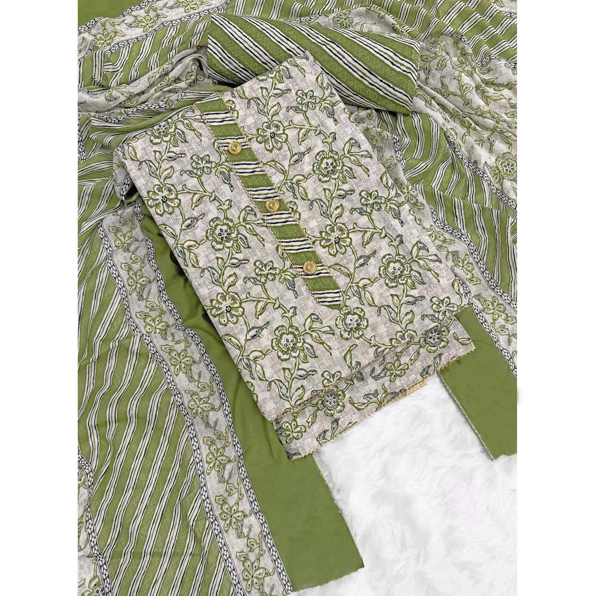 Charming Green Floral Printed Cotton Blend Dress Material Featuring Intricate Lace Border