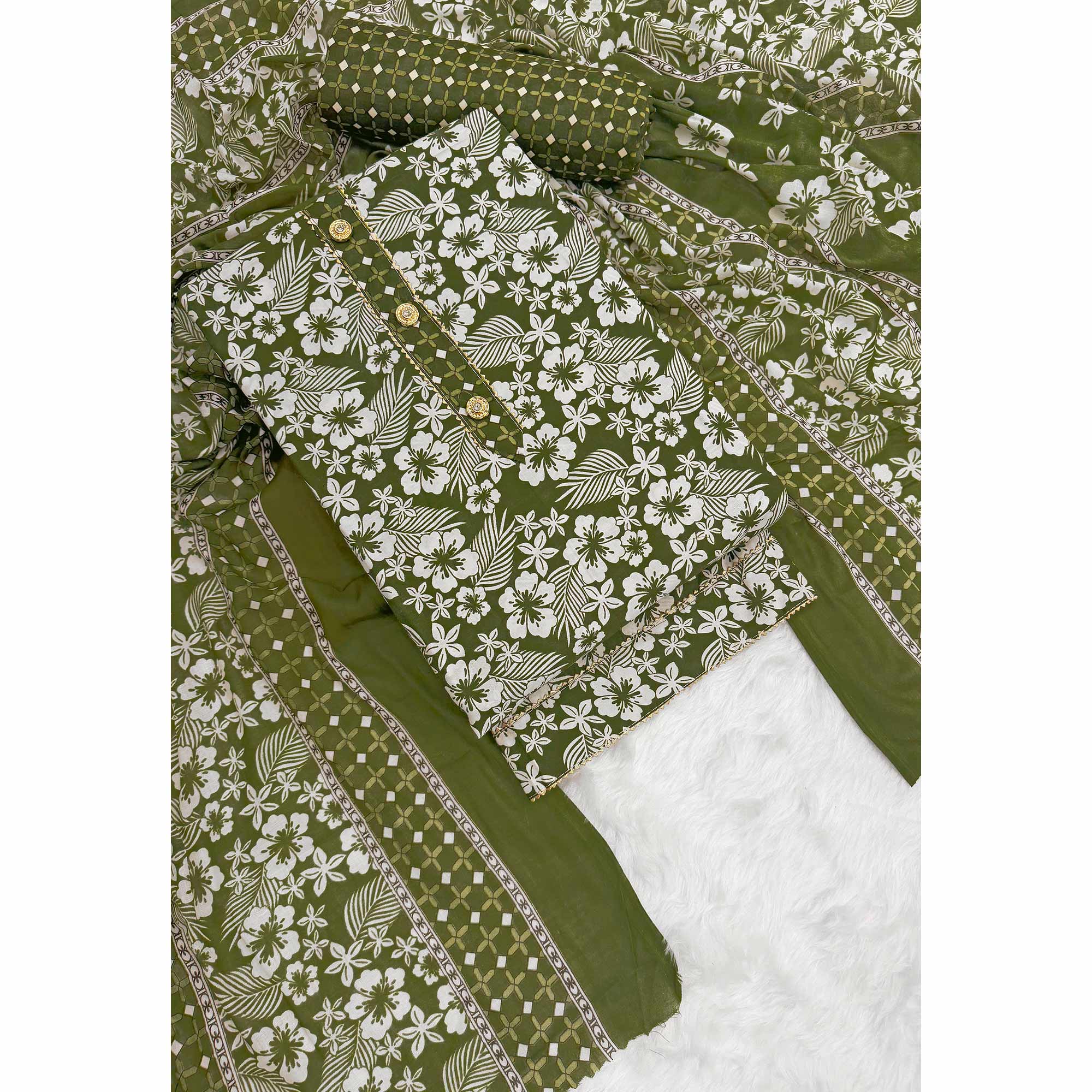 Graceful Green Floral Printed Cotton Blend Dress Material With Lace Border