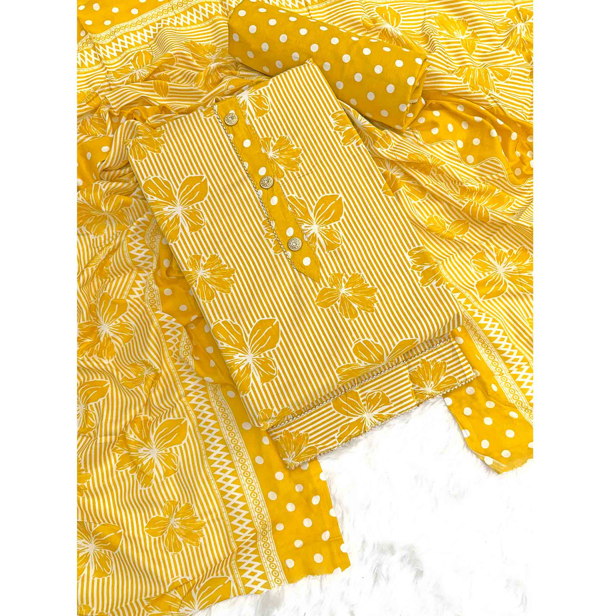 Mustard Floral & Striped Printed Cotton Blend Dress Material With Elegant Lace Border
