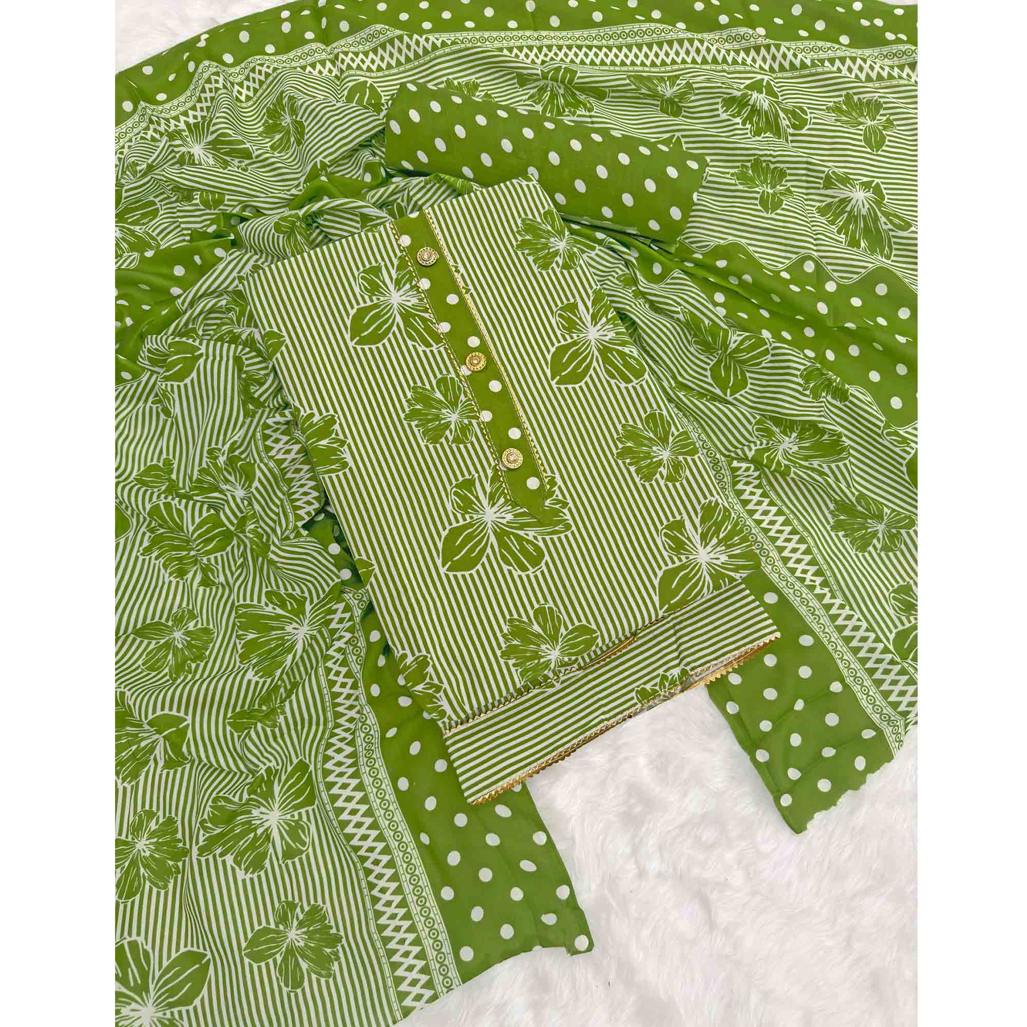 Green Floral & Striped Printed Cotton Blend Dress Material With Elegant Lace Border
