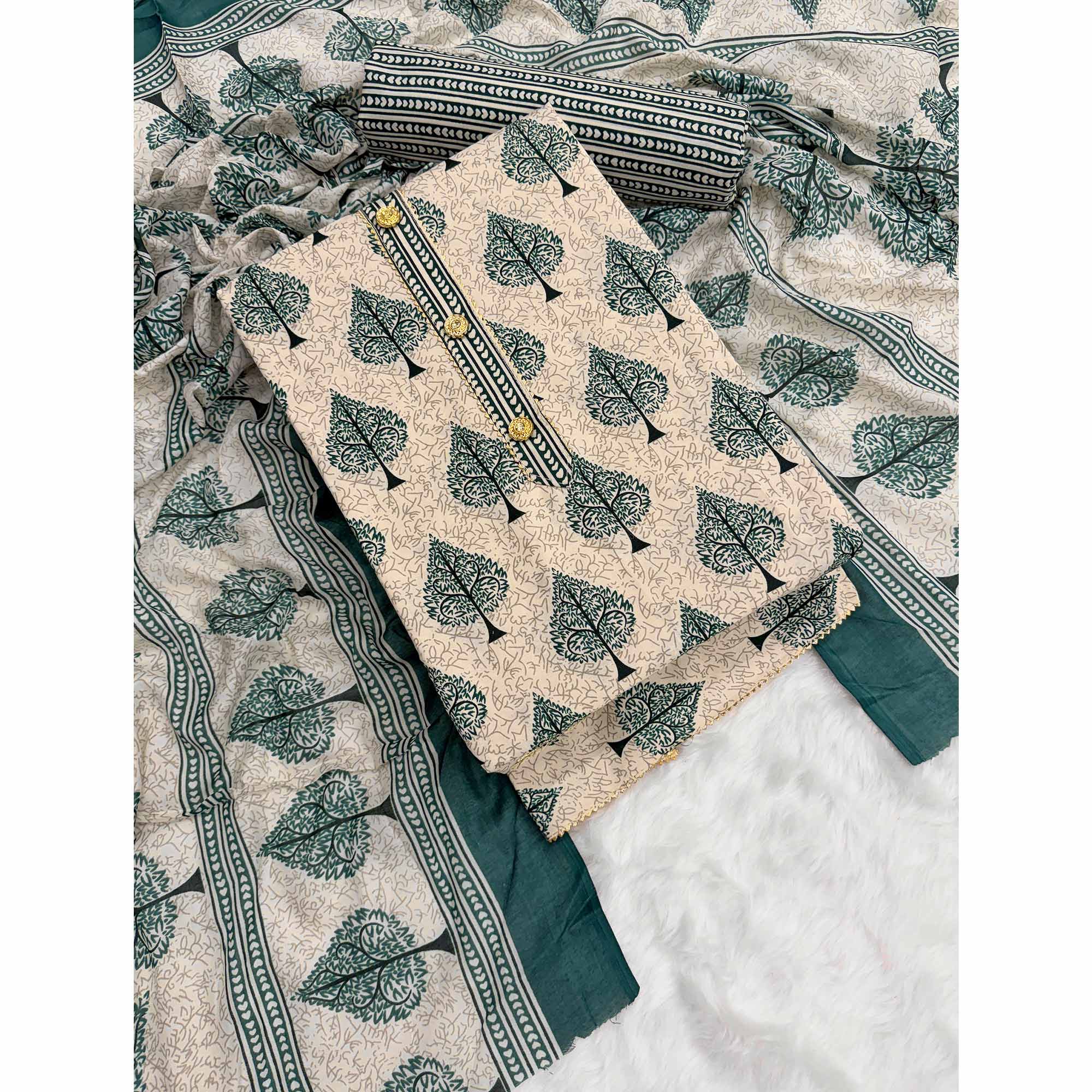 Vibrant Teal Green Leaf Printed Cotton Blend Dress Material Refined With Lace Border