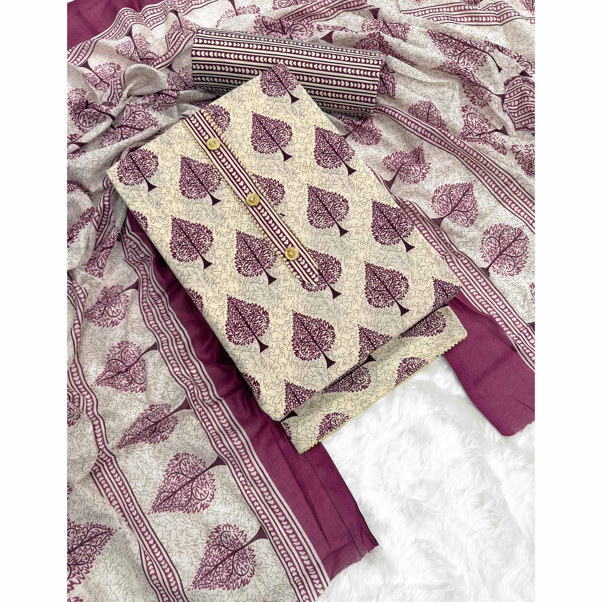 Vibrant Wine Leaf Printed Cotton Blend Dress Material Refined With Lace Border