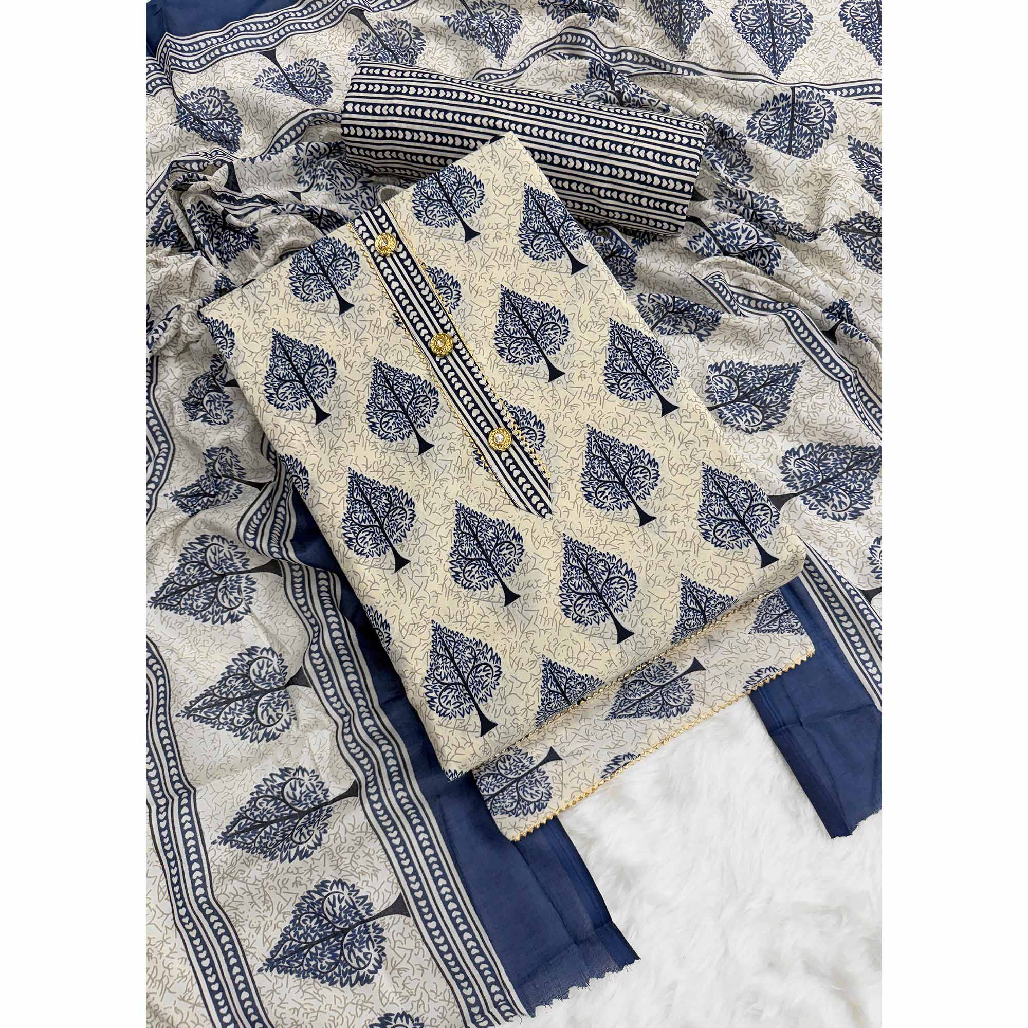 Vibrant Blue Leaf Printed Cotton Blend Dress Material Refined With Lace Border