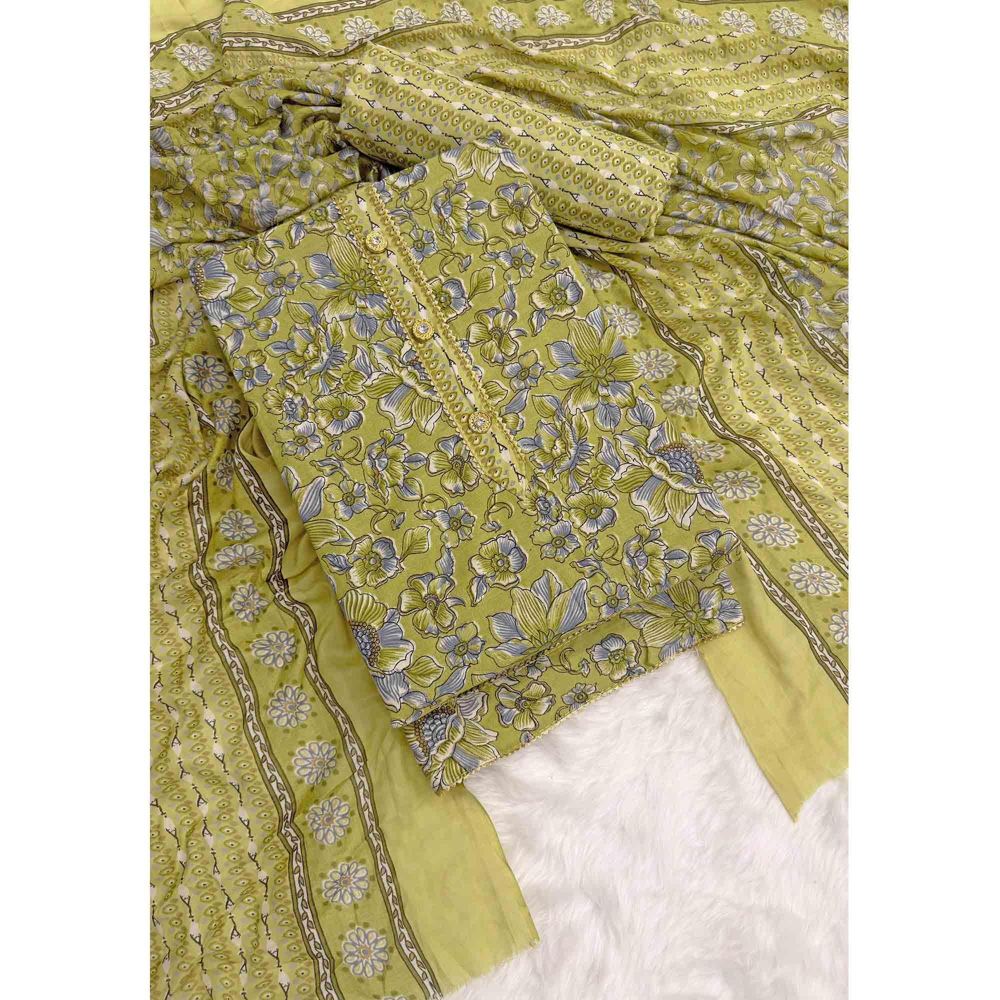 Elegant Olive Green Floral Printed Cotton Blend Dress Material Adorned With Intricate Lace Border