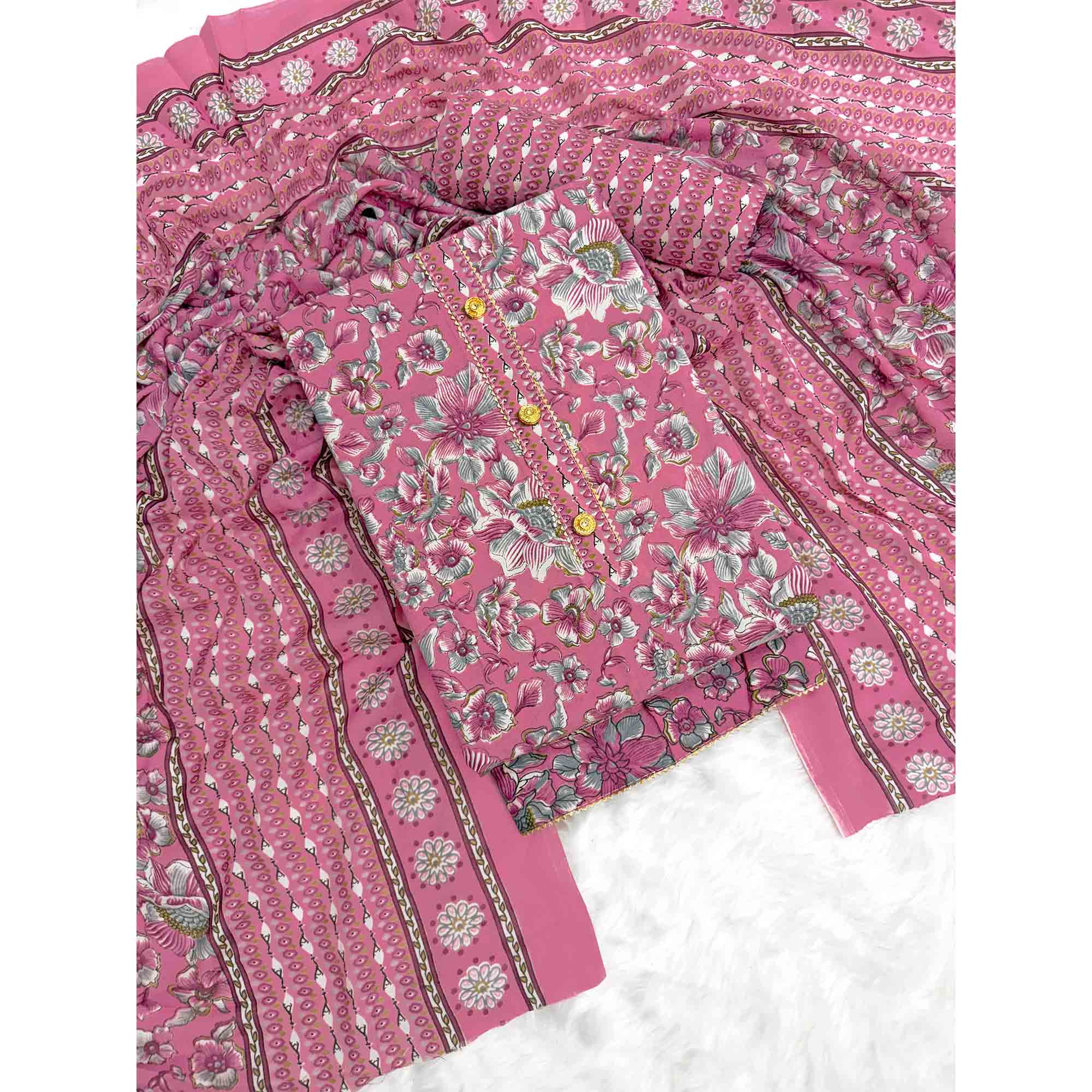 Elegant Pink Floral Printed Cotton Blend Dress Material Adorned With Intricate Lace Border