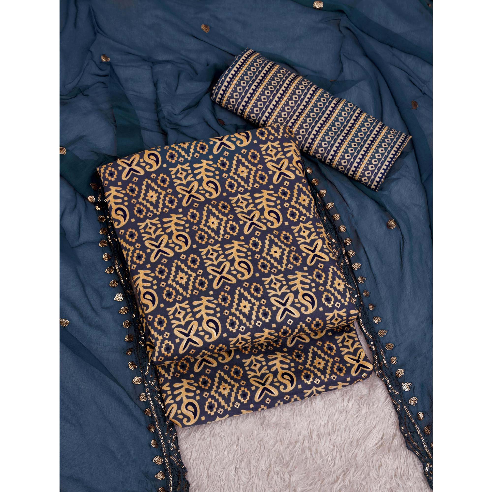 Blue Foil Printed Cotton Blend Dress Material