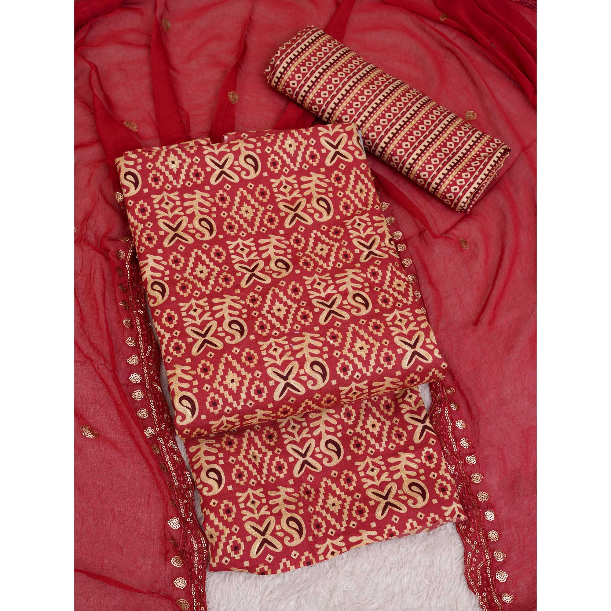 Maroon Foil Printed Cotton Blend Dress Material