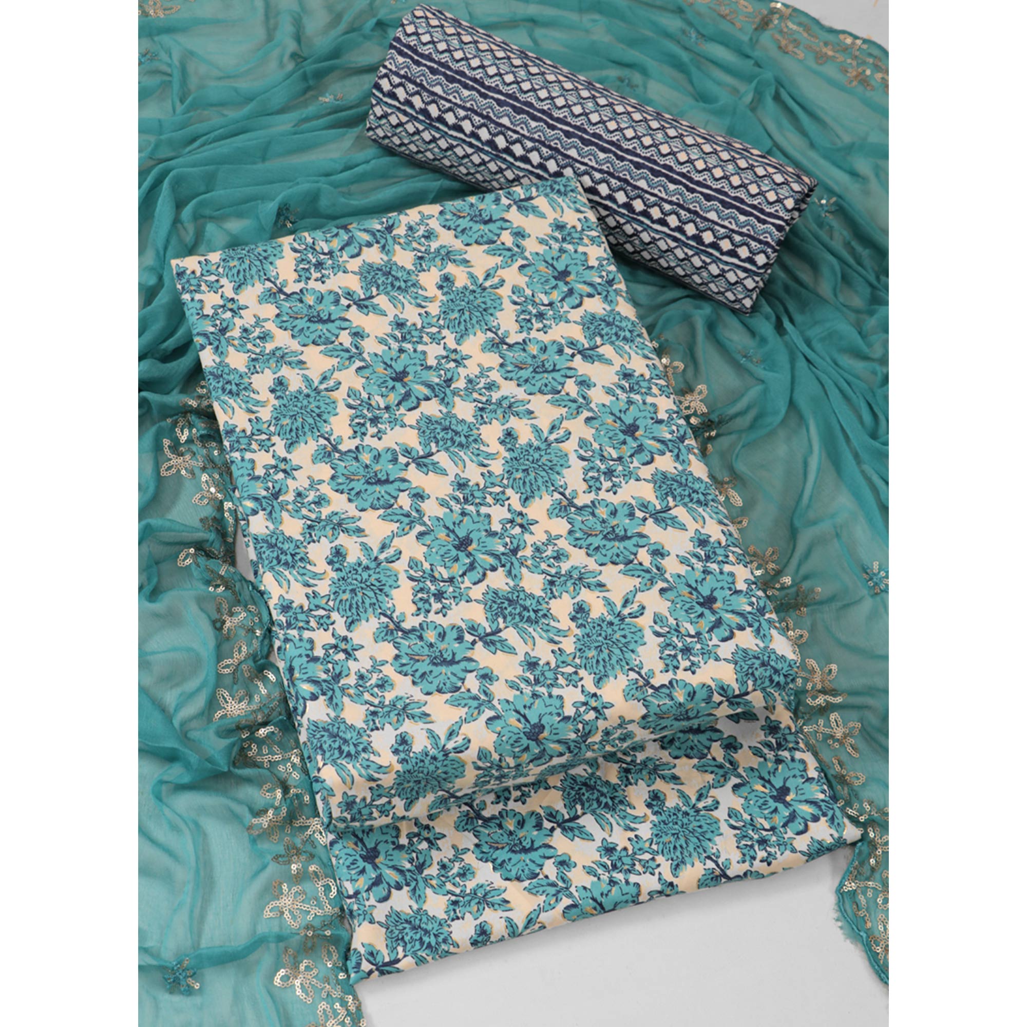 Blue Floral Foil Printed Cotton Blend Dress Material