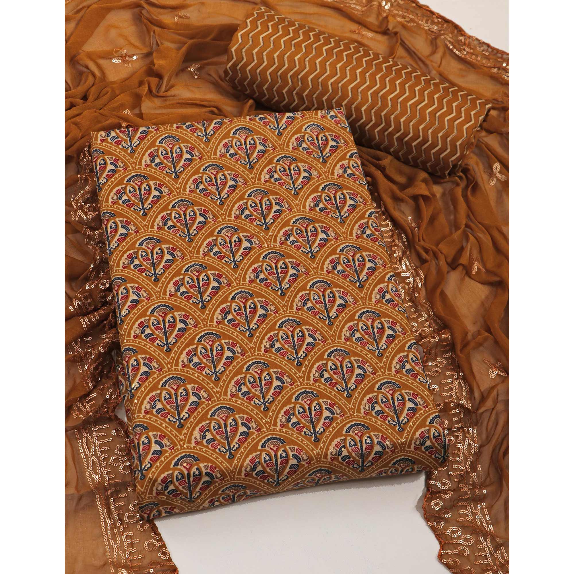 Mustard Floral Foil Printed Cotton Blend Dress Material