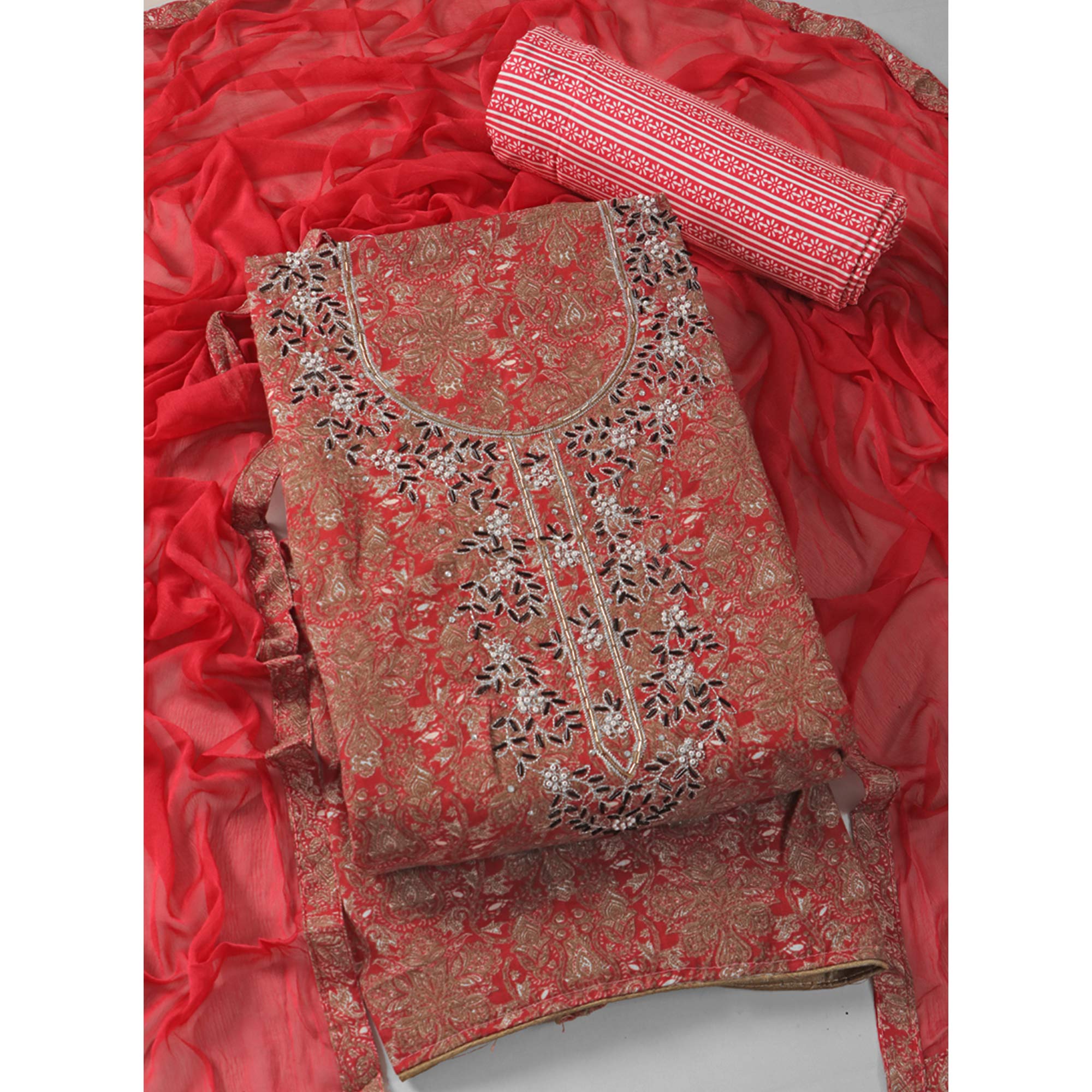 Gajari Pink Floral Printed With Hand Embroidery Pure Cotton Dress Material