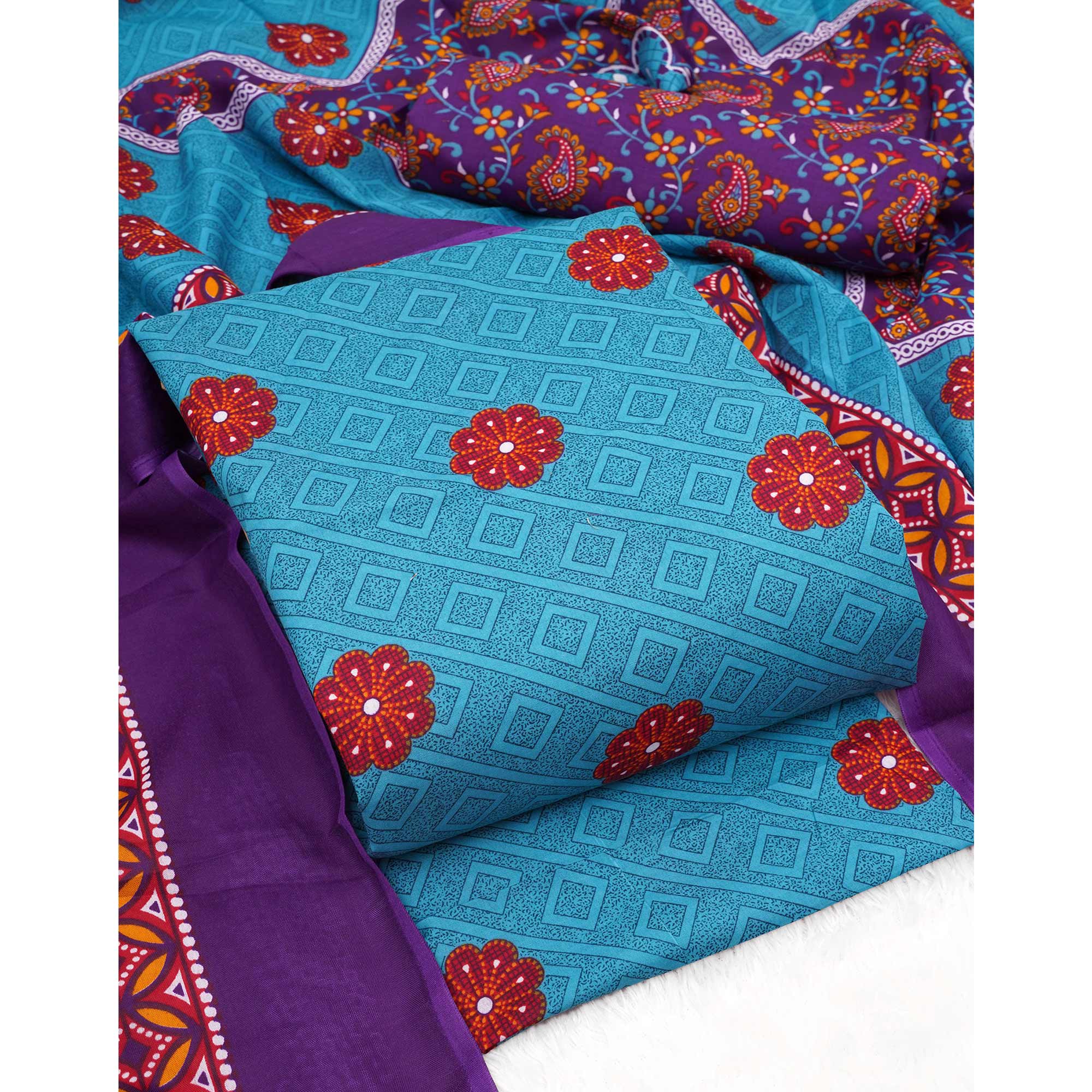 Blue Printed Pure Cotton Dress Material