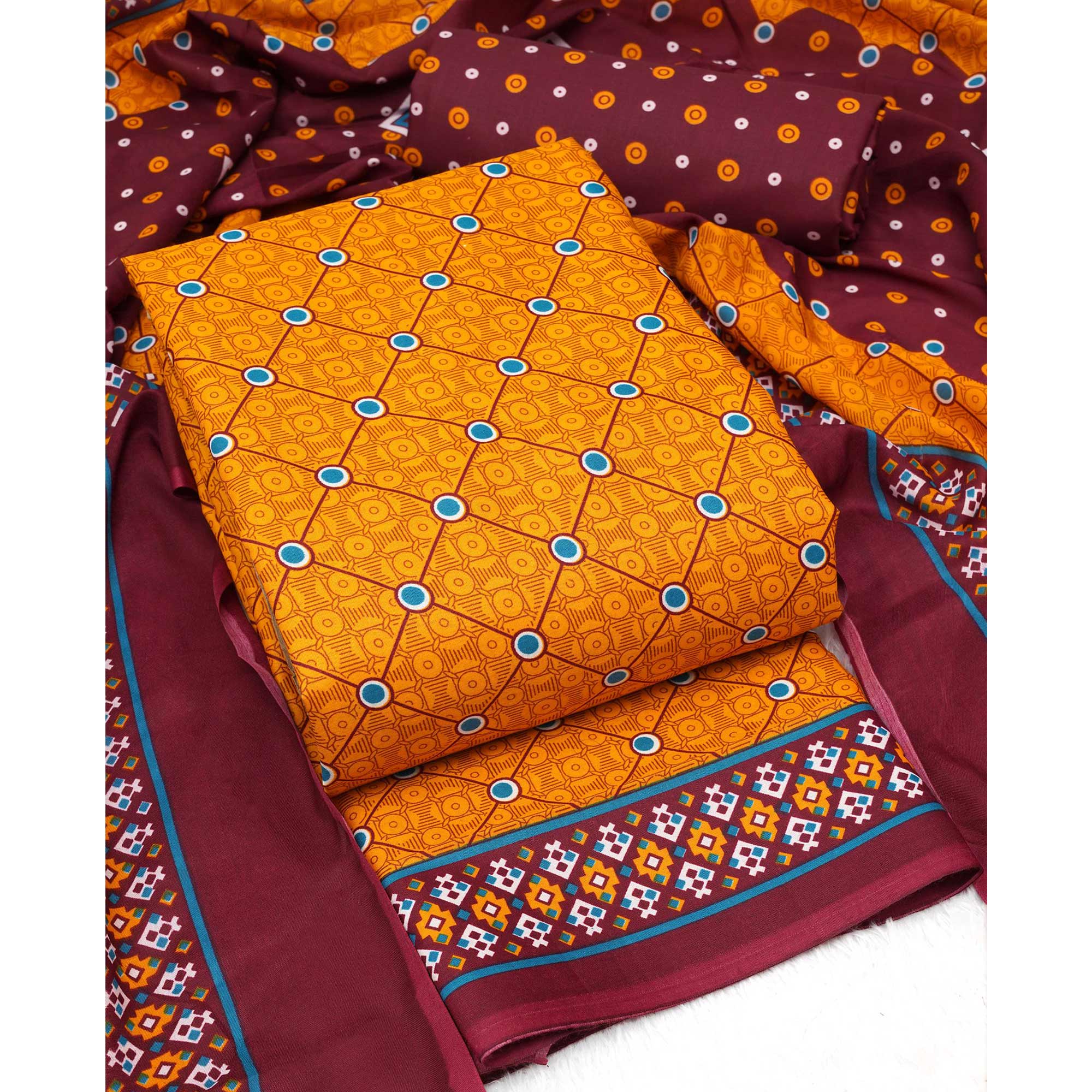 Yellow Printed Pure Cotton Dress Material