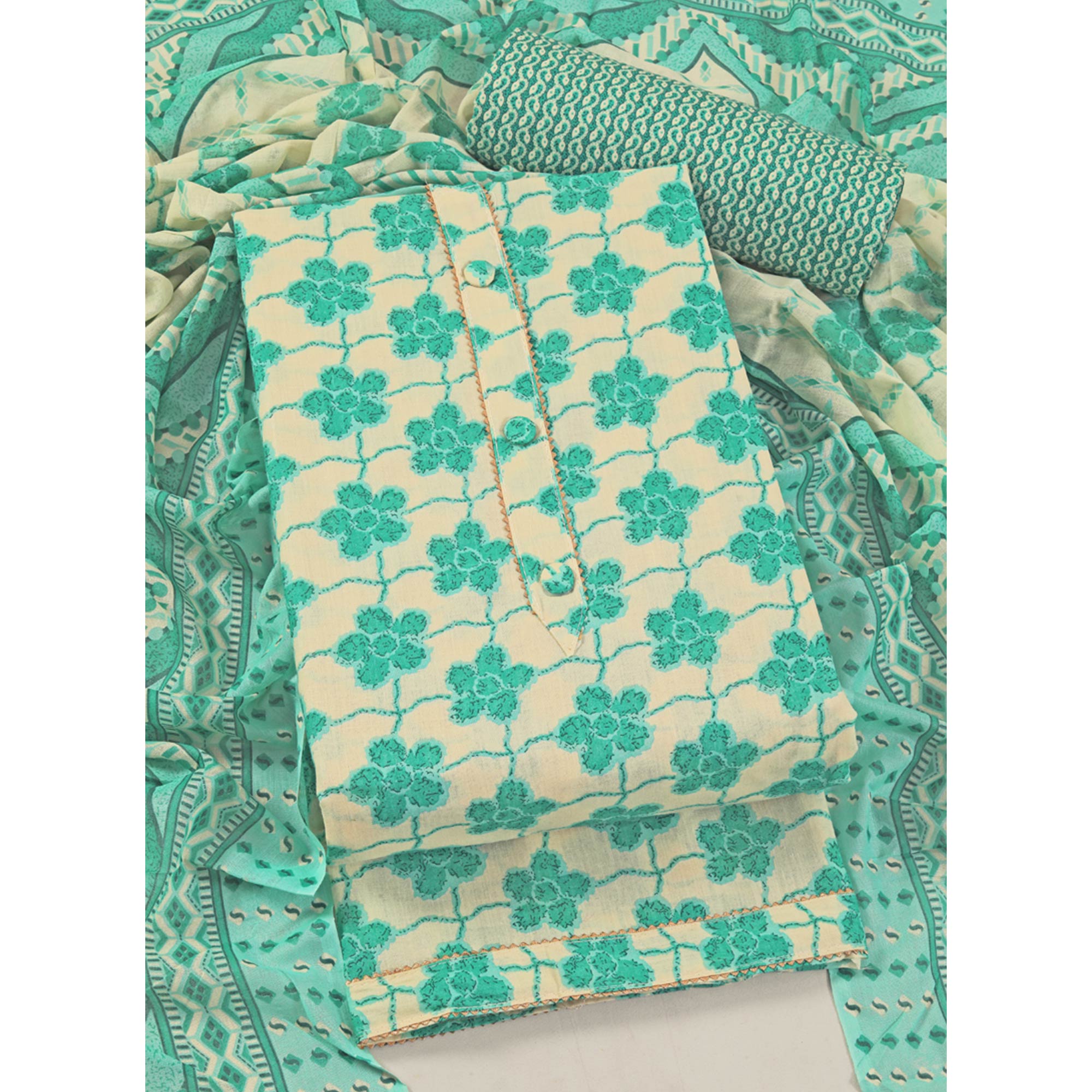 Turquoise Floral Printed With Gota Patti Work Pure Cotton Dress Material