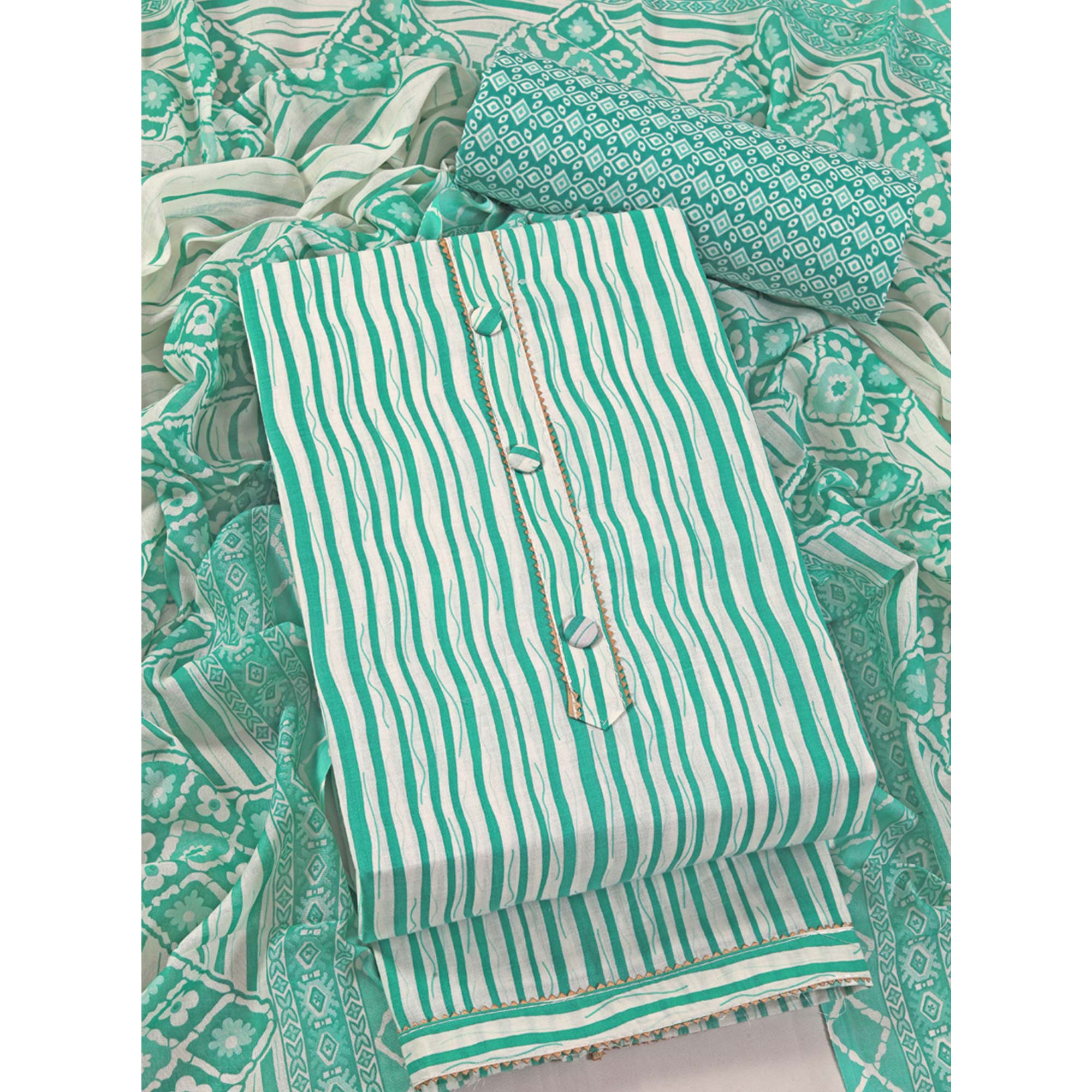 Turquoise Leheriya Printed With Gota Patti Work Pure Cotton Dress Material