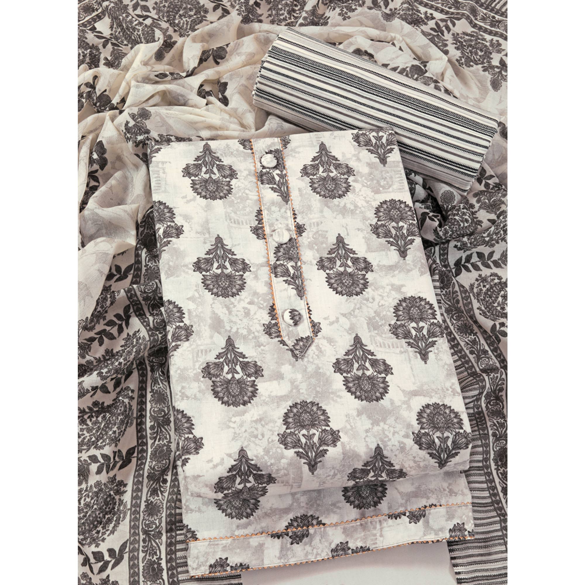 Offwhite Floral Printed With Gota Patti Work Pure Cotton Dress Material