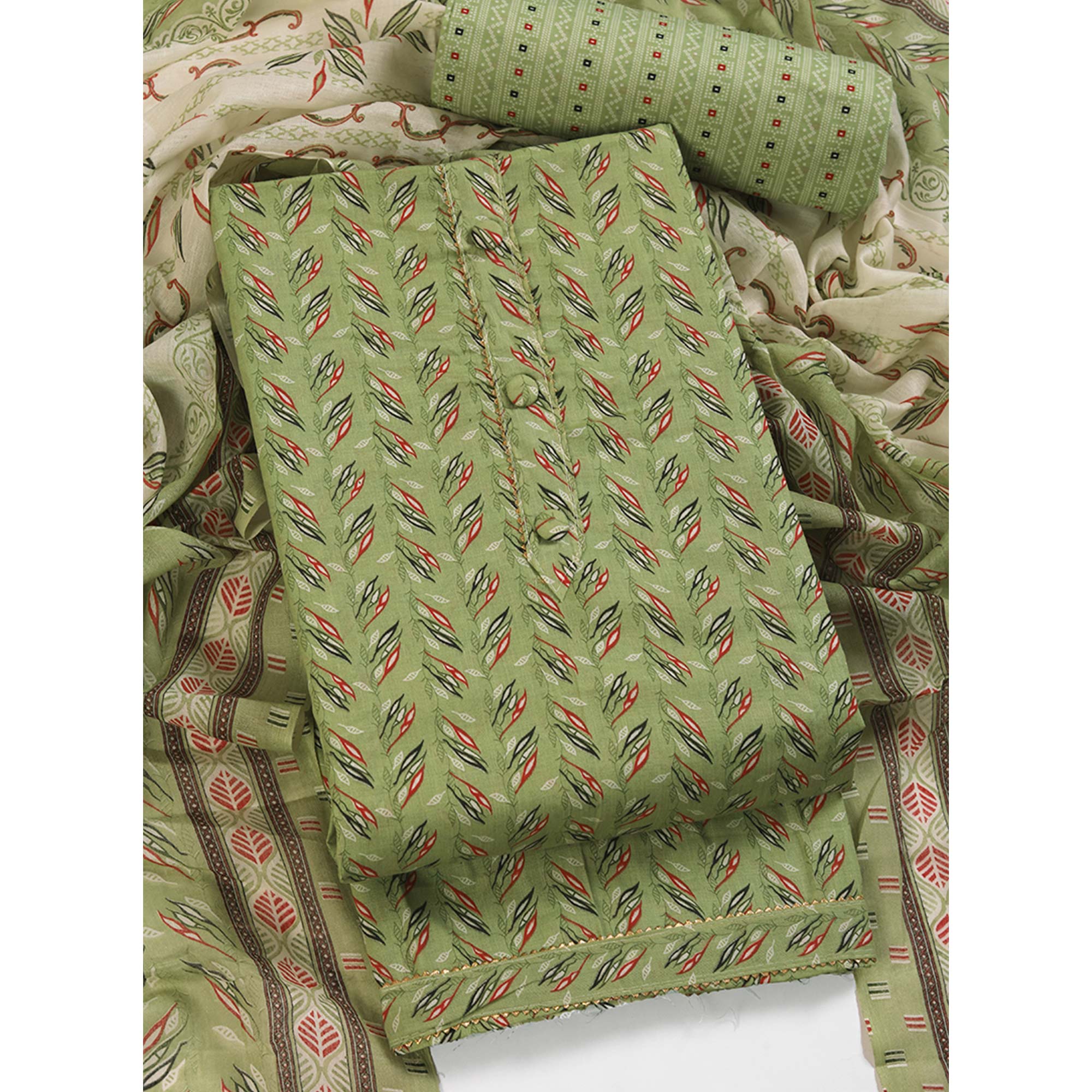 Fresh Green Dress Material in Pure Cotton with Subtle Leaf Print Accents