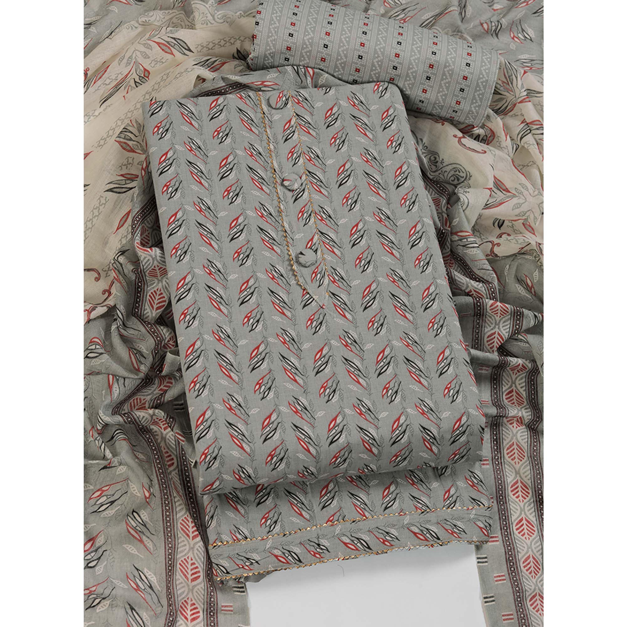 Fresh Grey Dress Material in Pure Cotton with Subtle Leaf Print Accents