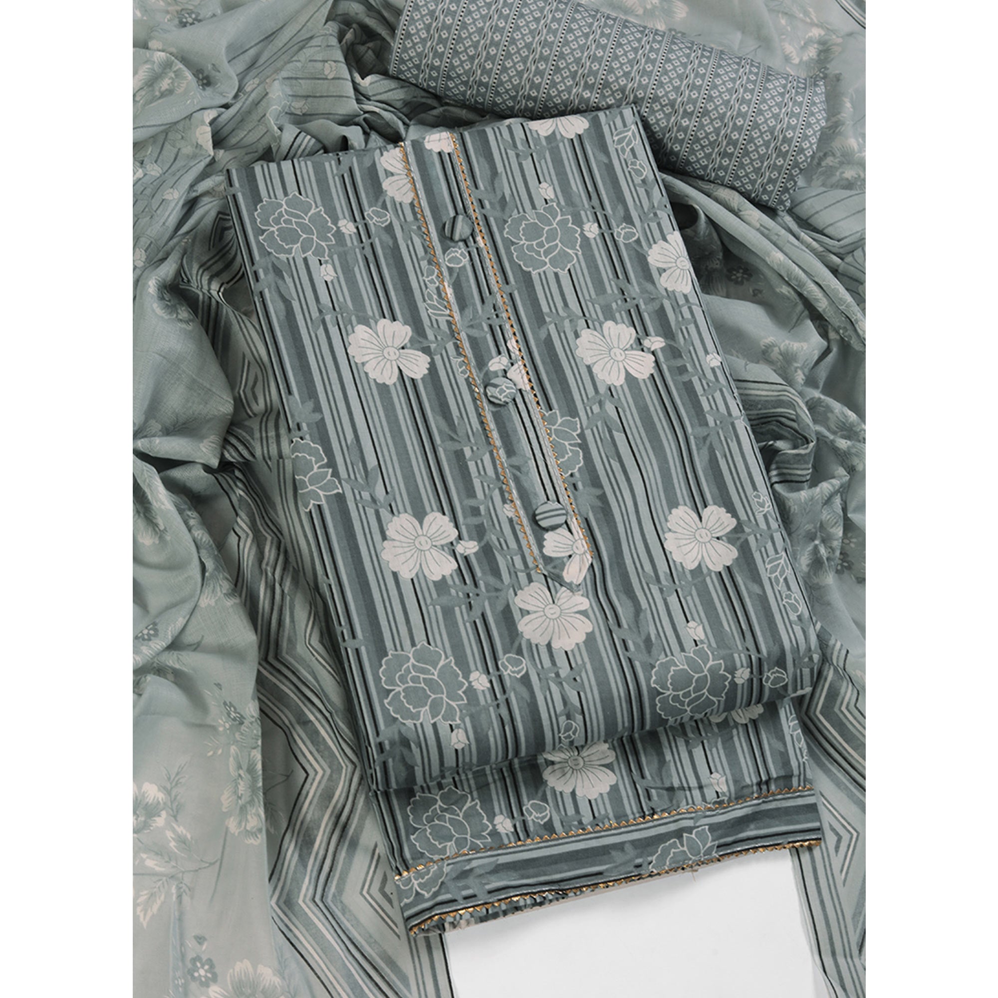 Elegant Grey Pure Cotton Ensemble Showcasing Subtle Floral Print Work Dress Material