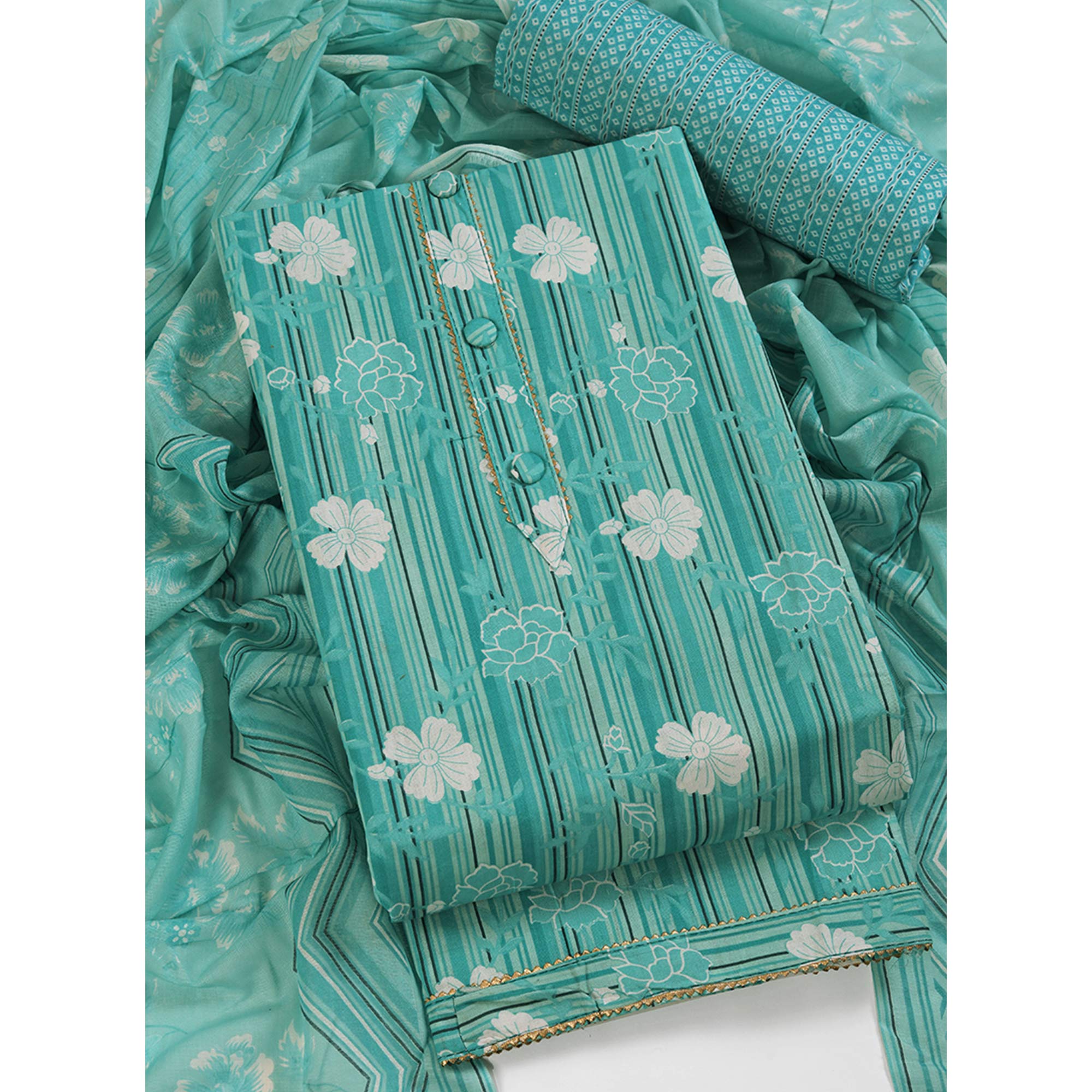 Elegant Sea Green Pure Cotton Ensemble Showcasing Subtle Floral Print Work Dress Material