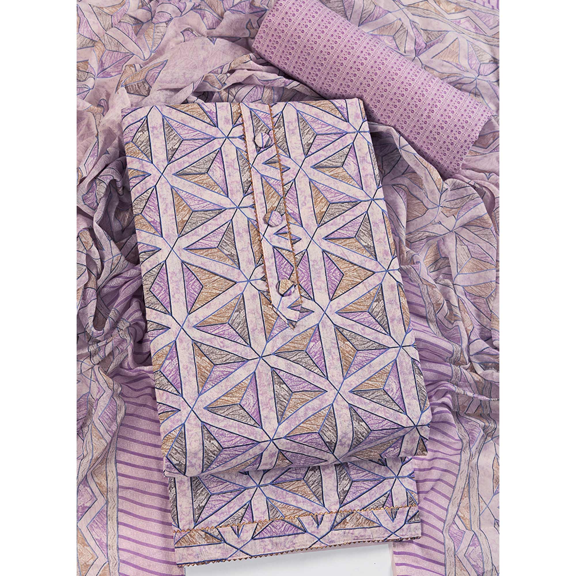 Lavender Pure Cotton Dress Material with Contemporary Geometric Prints