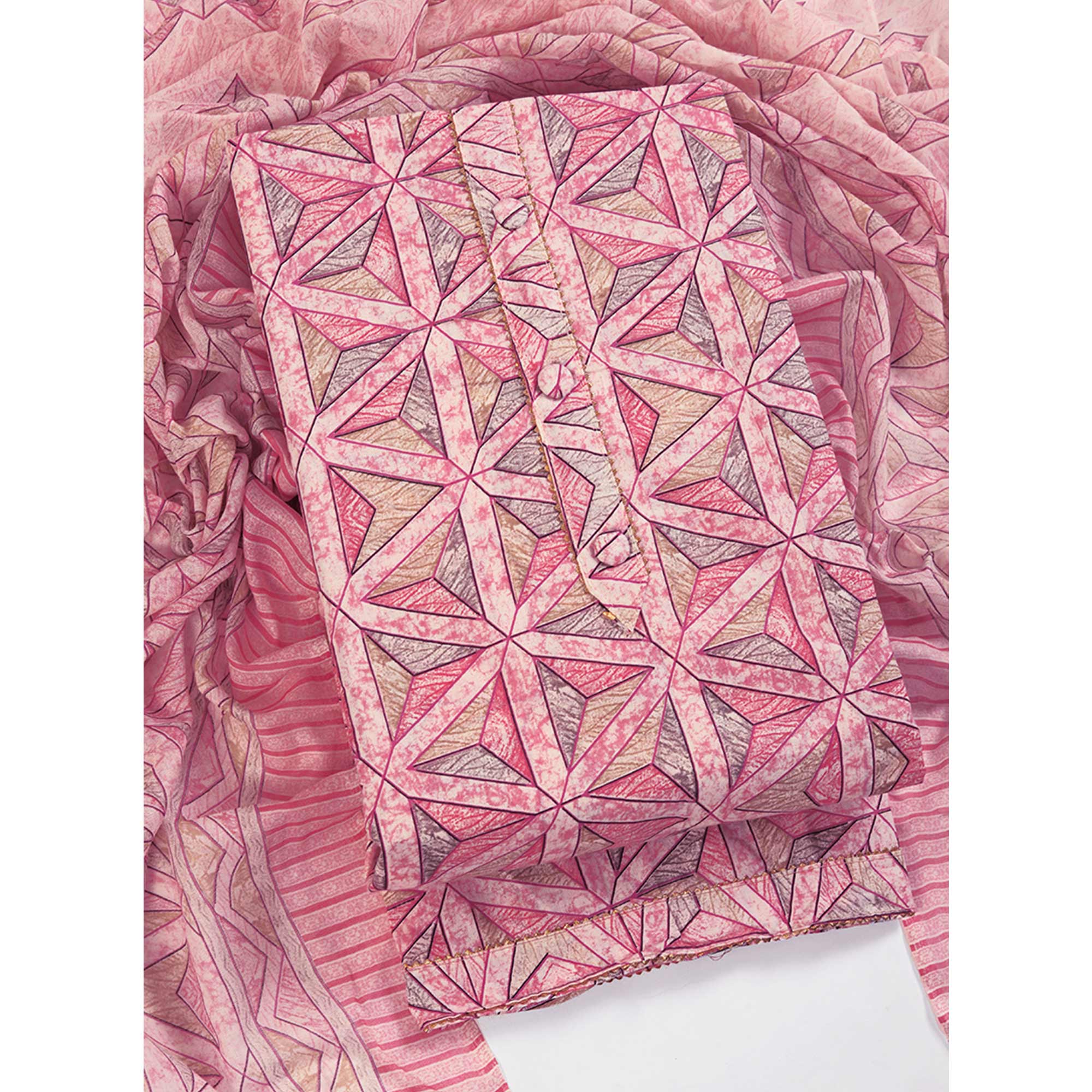 Pink Pure Cotton Dress Material with Contemporary Geometric Prints