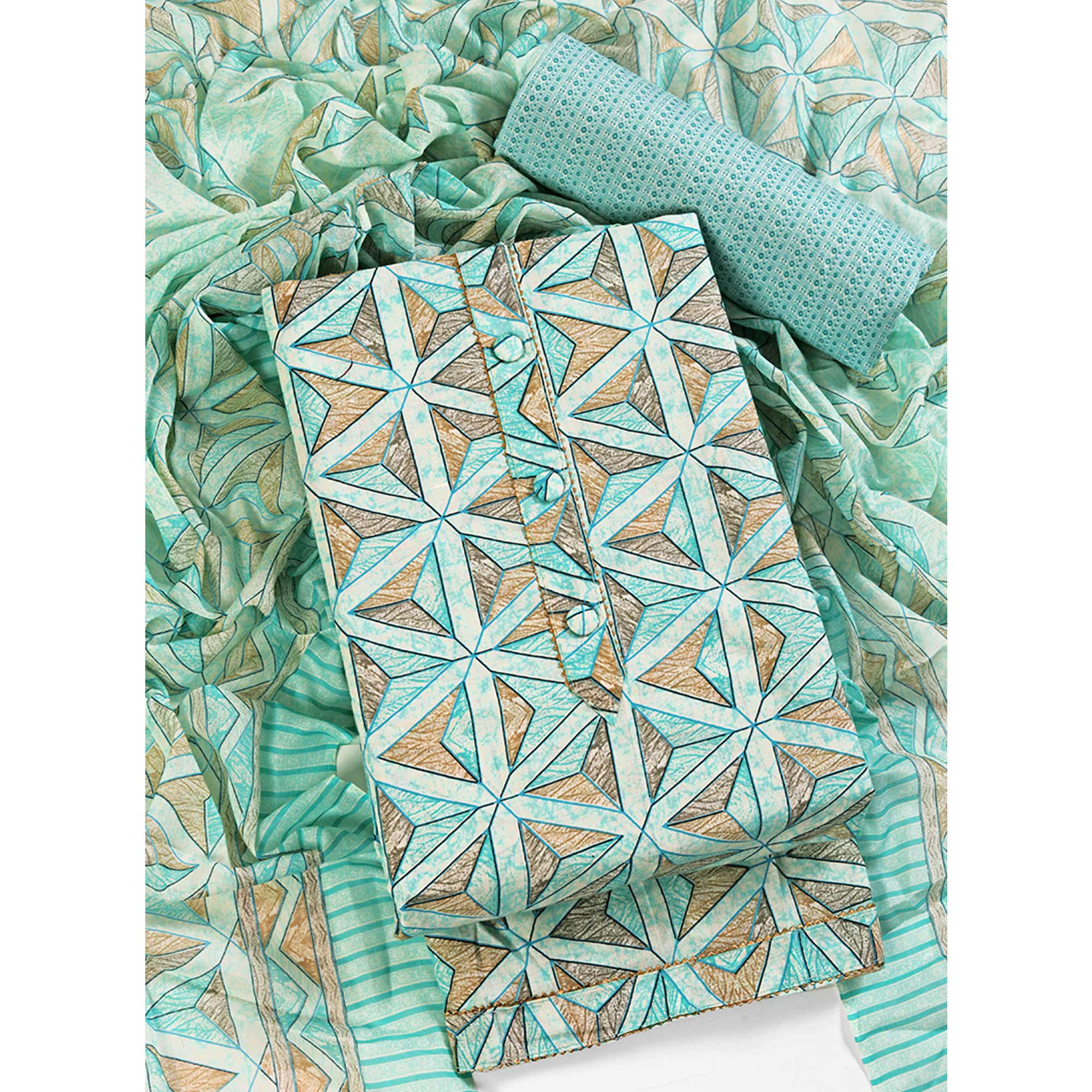 Sea Green Pure Cotton Dress Material with Contemporary Geometric Prints