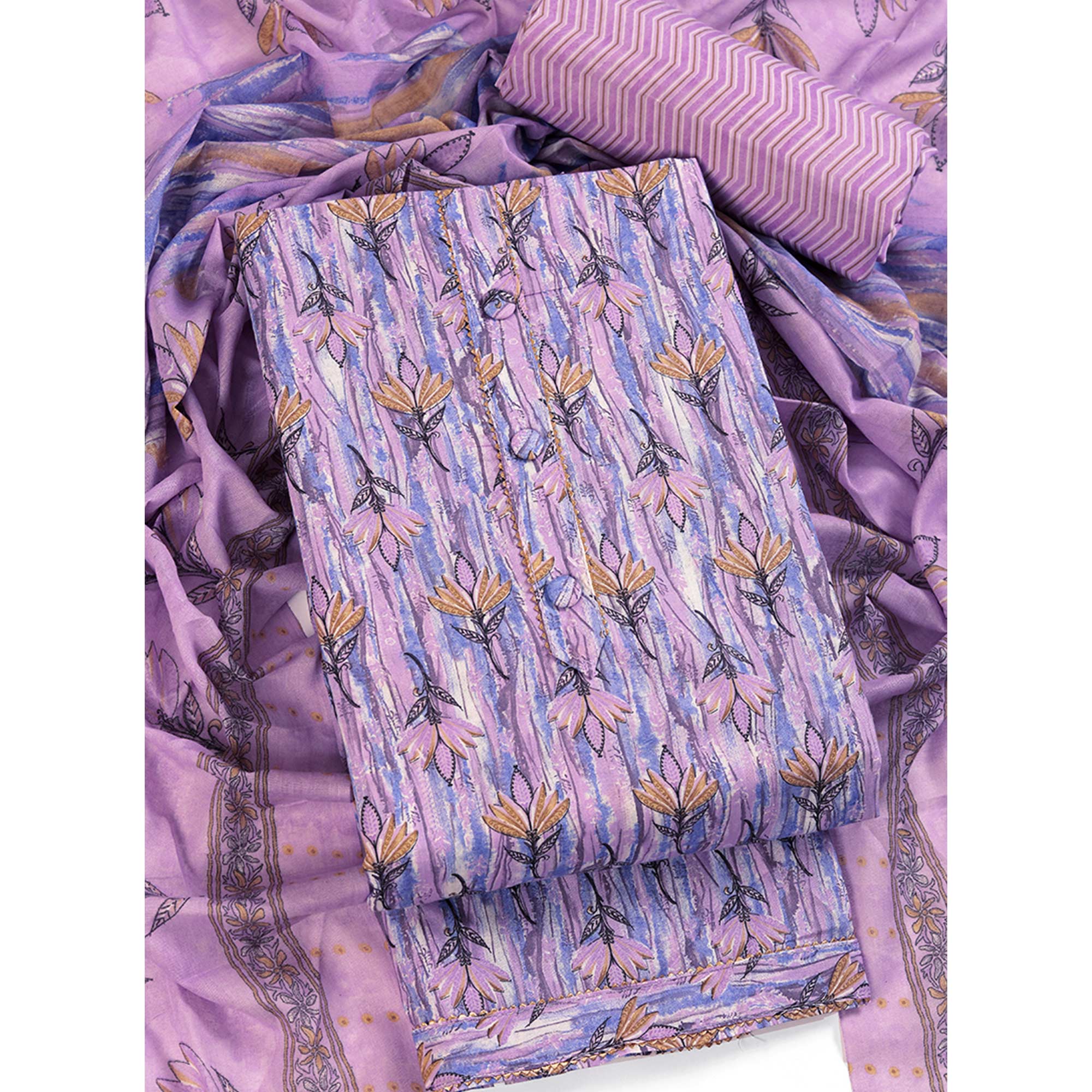 Lavender Pure Cotton Ensemble with All-Over Floral Motif Designs Dress Material
