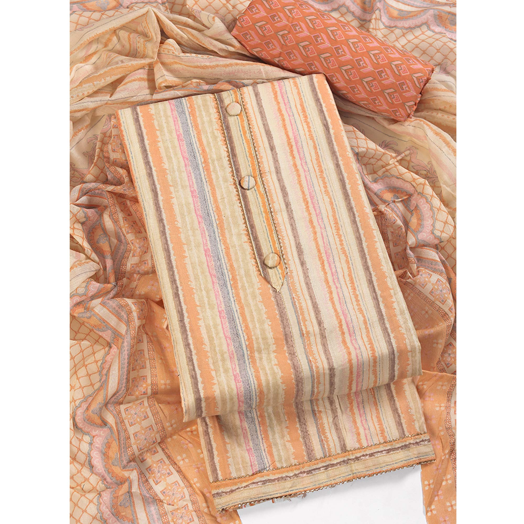 Classic Striped Design in Soft Beige Pure Cotton Unstitched Dress Material