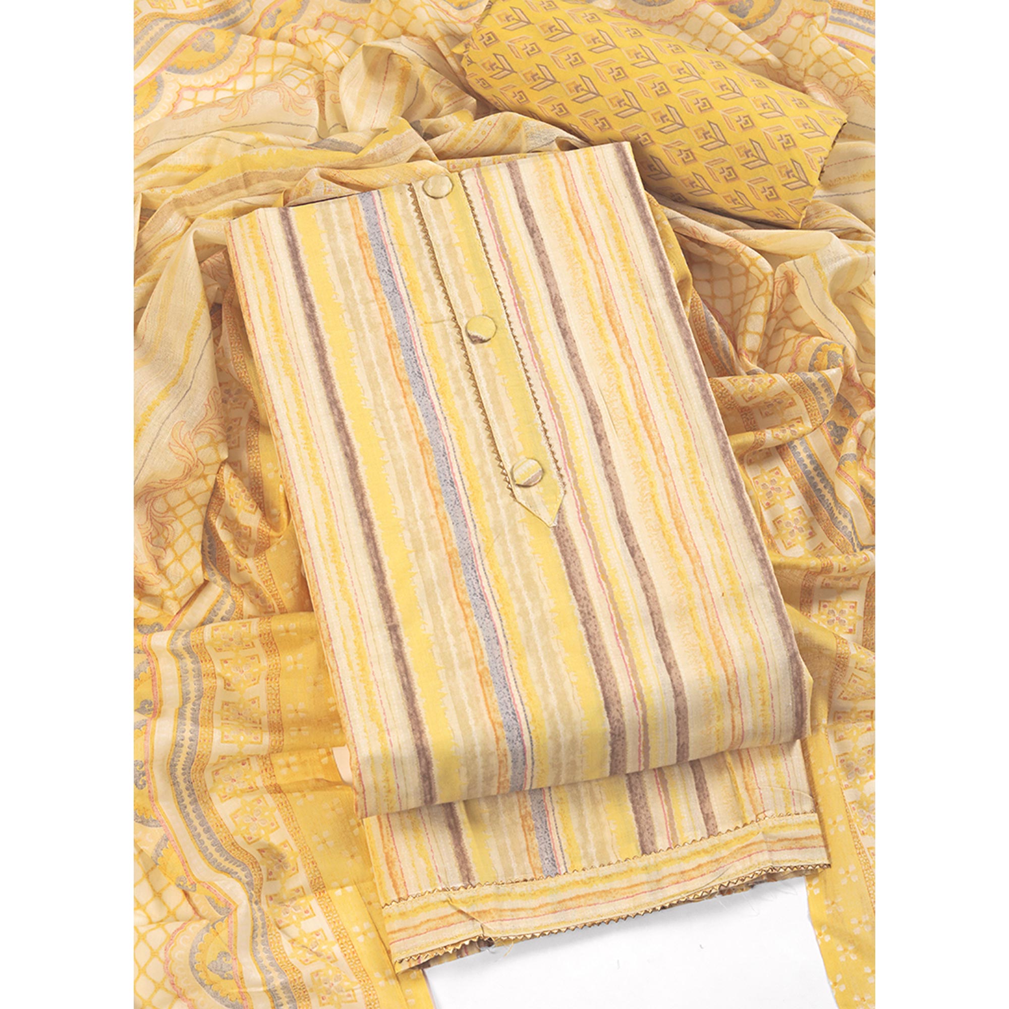 Classic Striped Design in Soft Yellow Pure Cotton Unstitched Dress Material