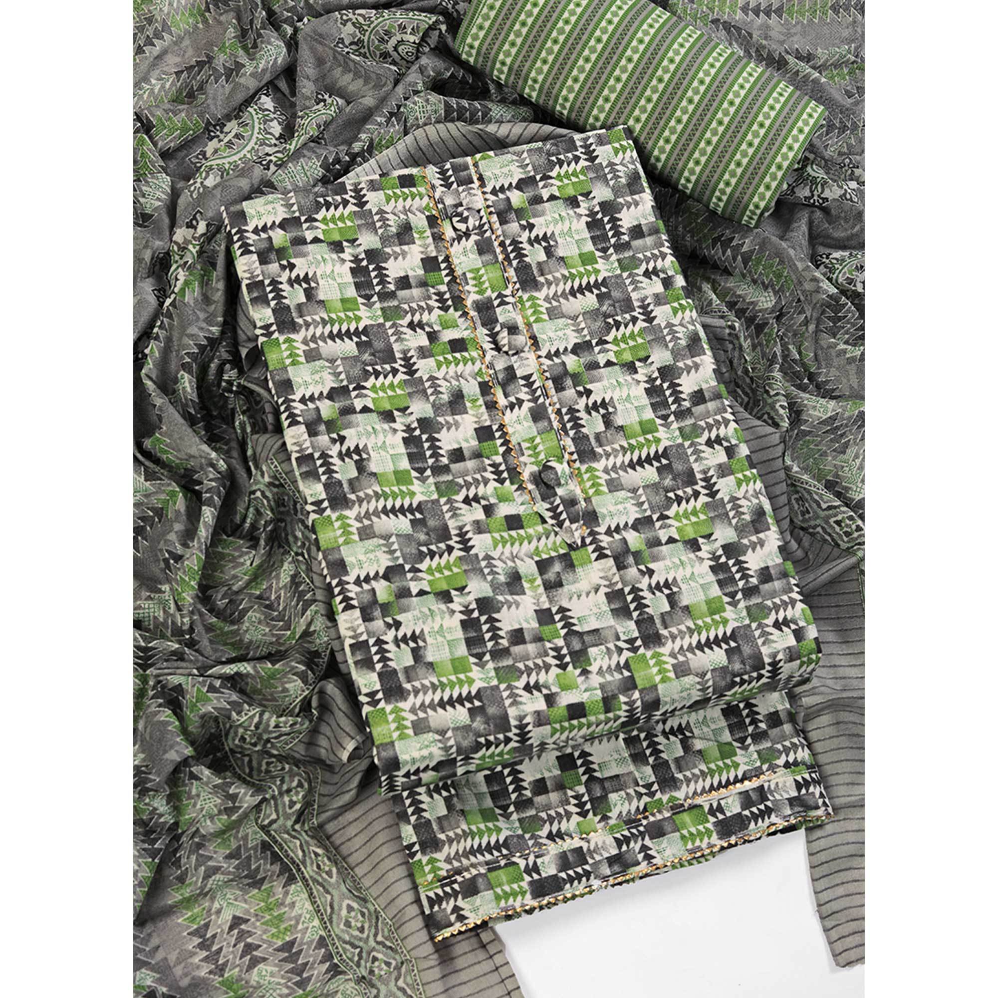 Cotton Dress Material Featuring a Grey and Green Palette with Artistic Geometric Patterns