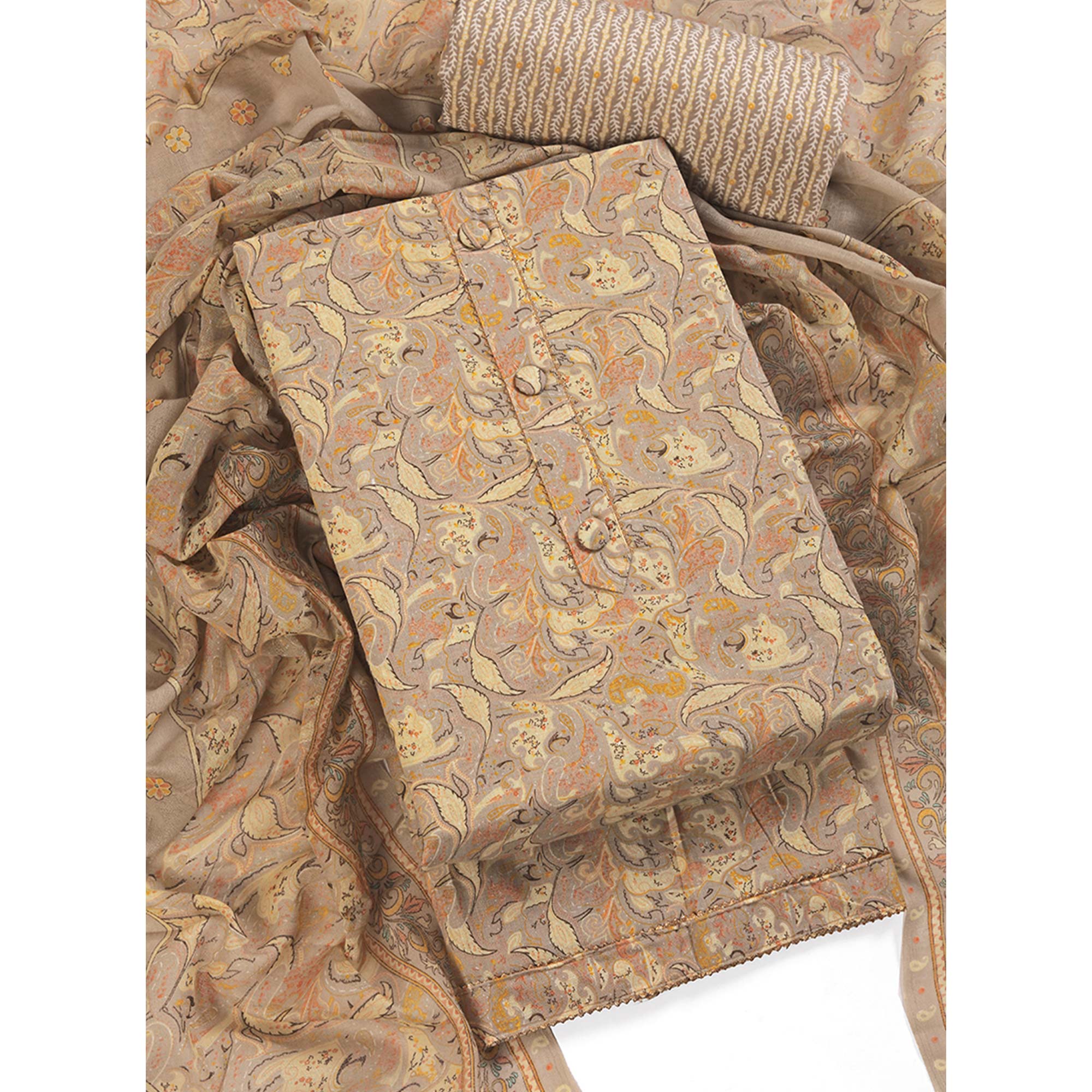 Floral Elegance in Brown Pure Cotton Unstitched Dress Material