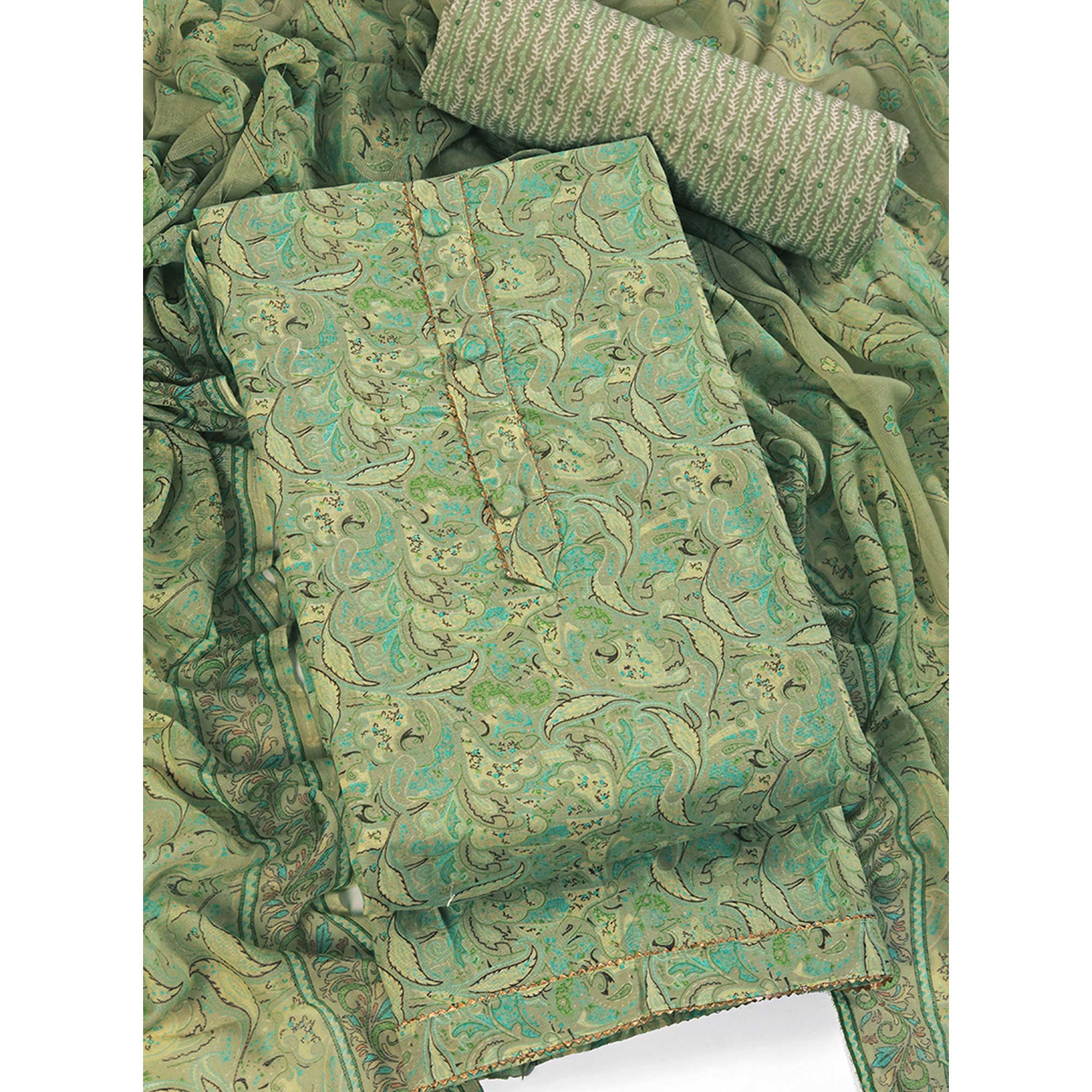 Floral Elegance in Green Pure Cotton Unstitched Dress Material