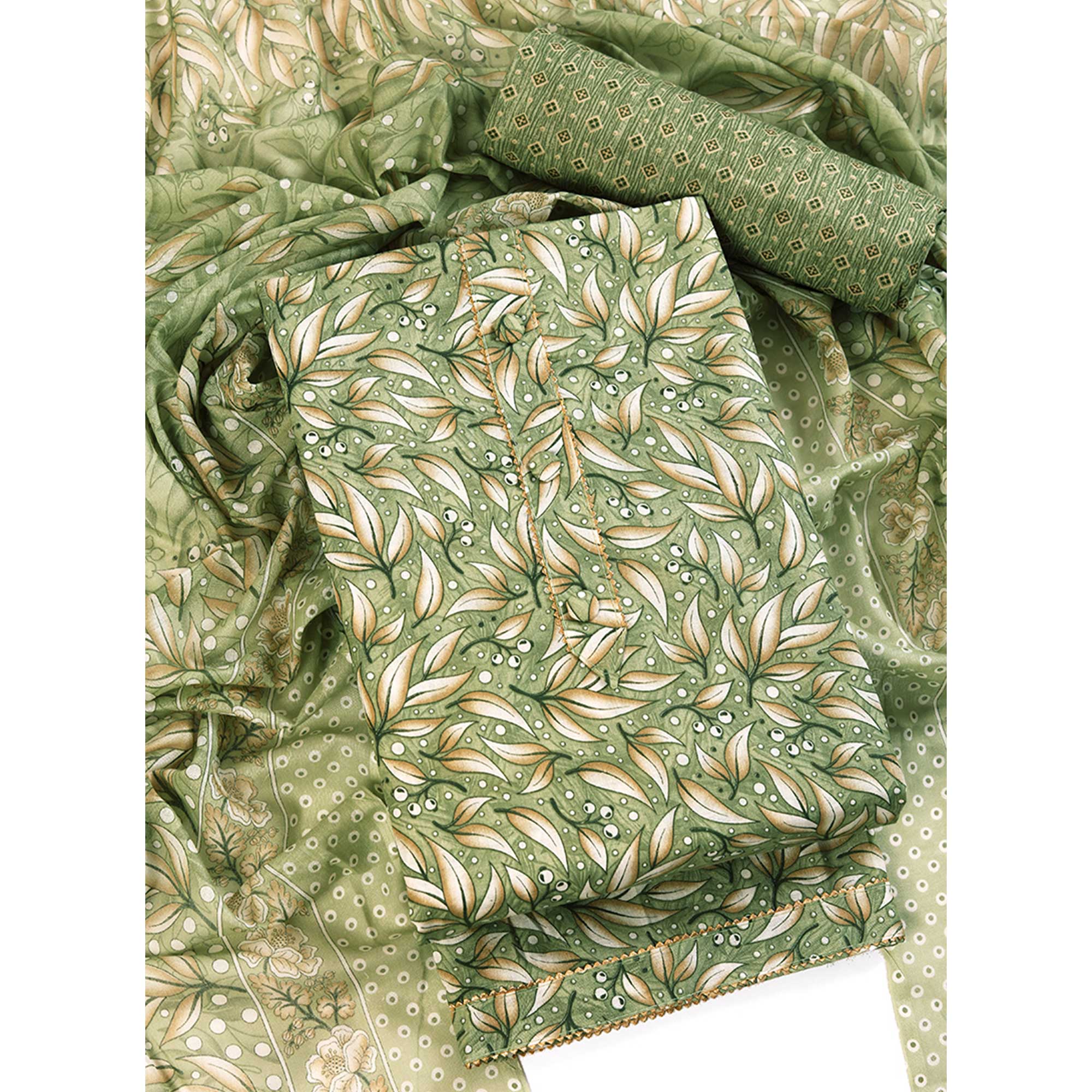 Pure Cotton Dress Material in Soothing Green with Artistic Floral Prints