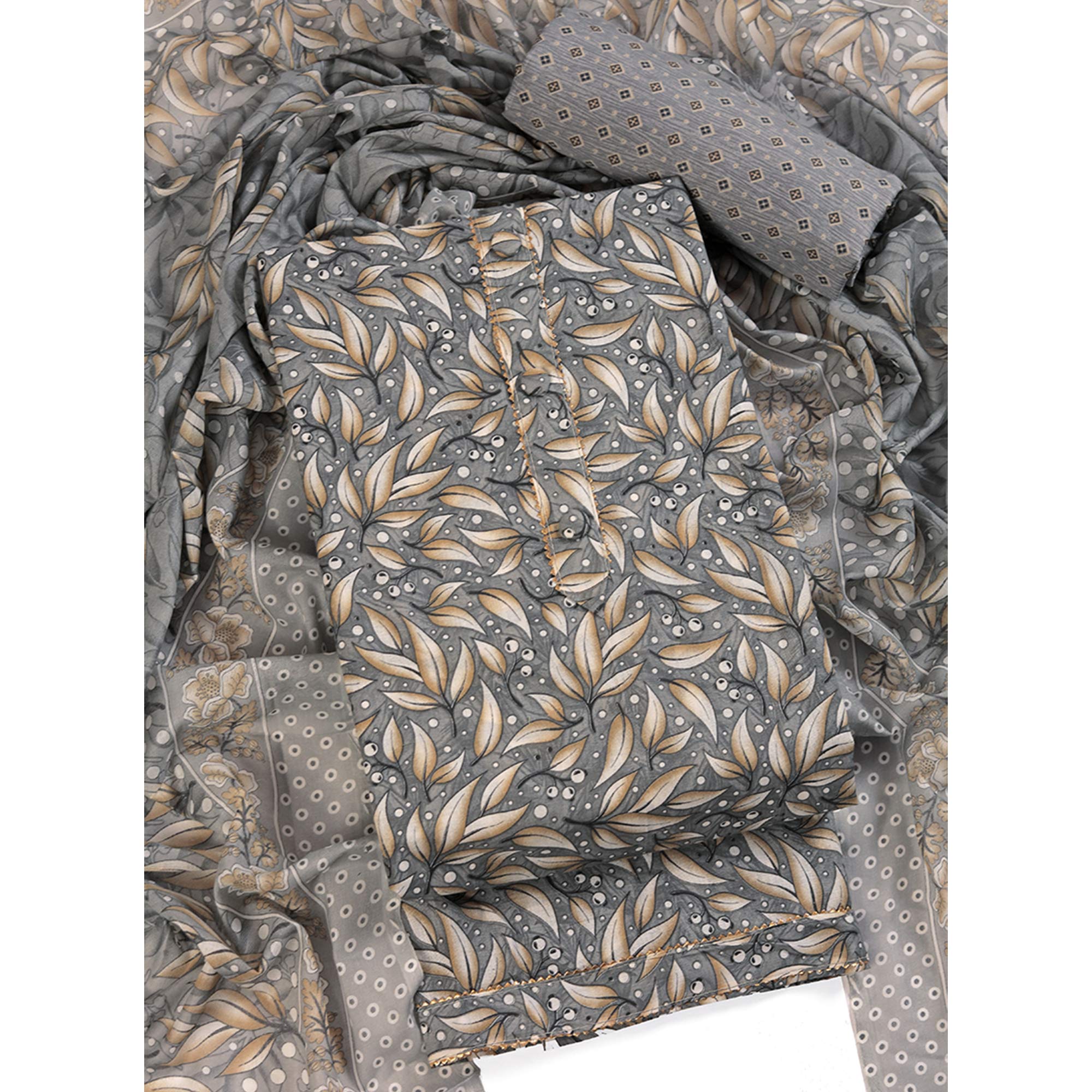 Pure Cotton Dress Material in Soothing Grey with Artistic Floral Prints