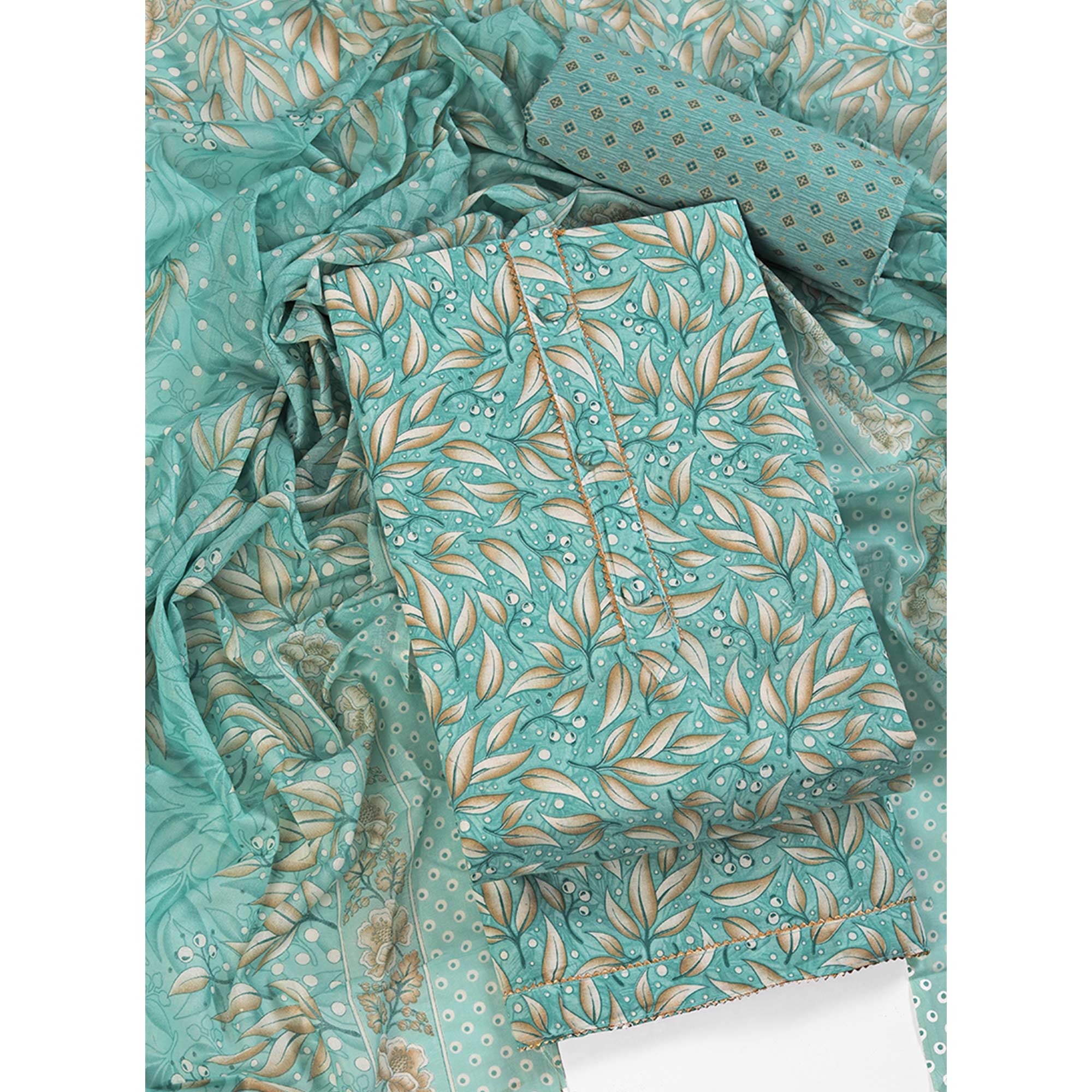 Pure Cotton Dress Material in Soothing Sea Green with Artistic Floral Prints