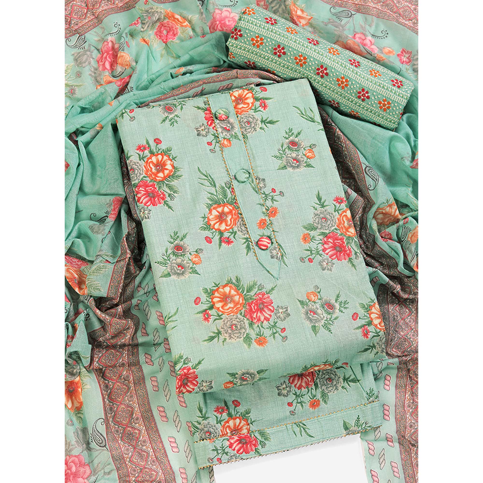 Charming Sea Green Dress Material in Pure Cotton with Subtle Floral Pattern Work