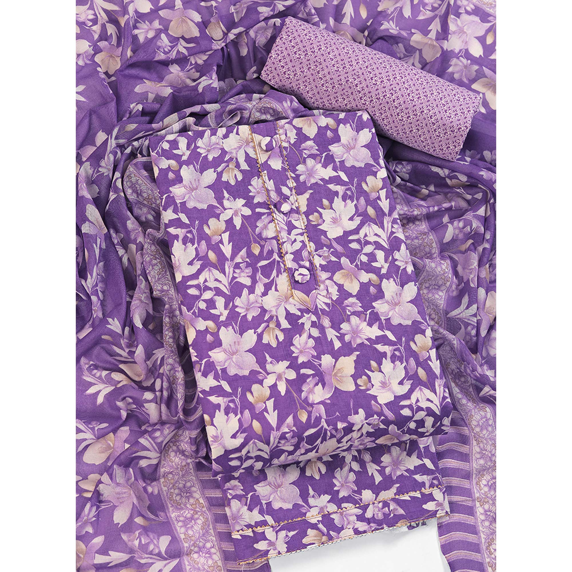 Lavender Floral Motif Printed Dress Material for Effortless Elegance