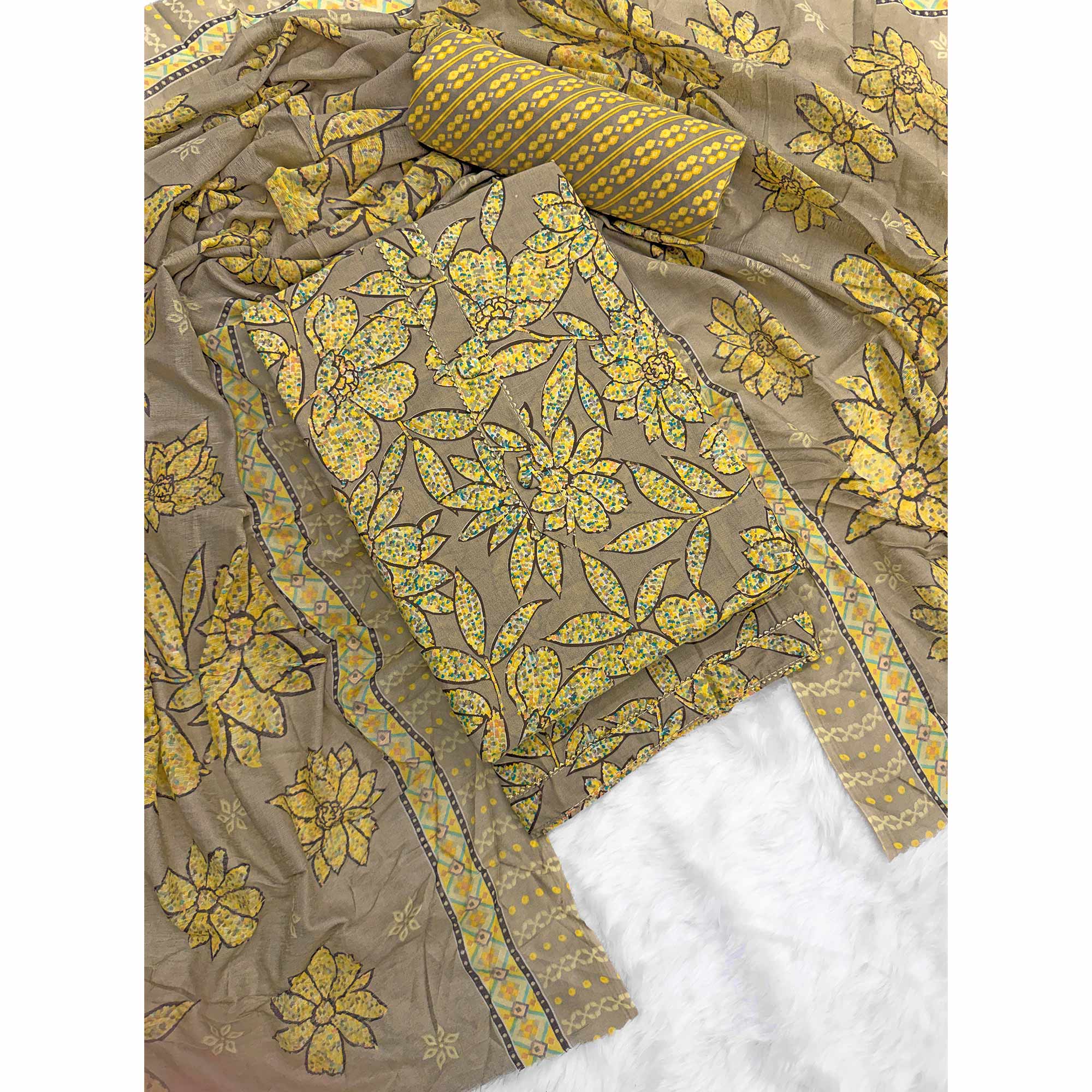 Brown & Yellow Floral Printed Pure Cotton Dress Material With Elegant Everyday Appeal