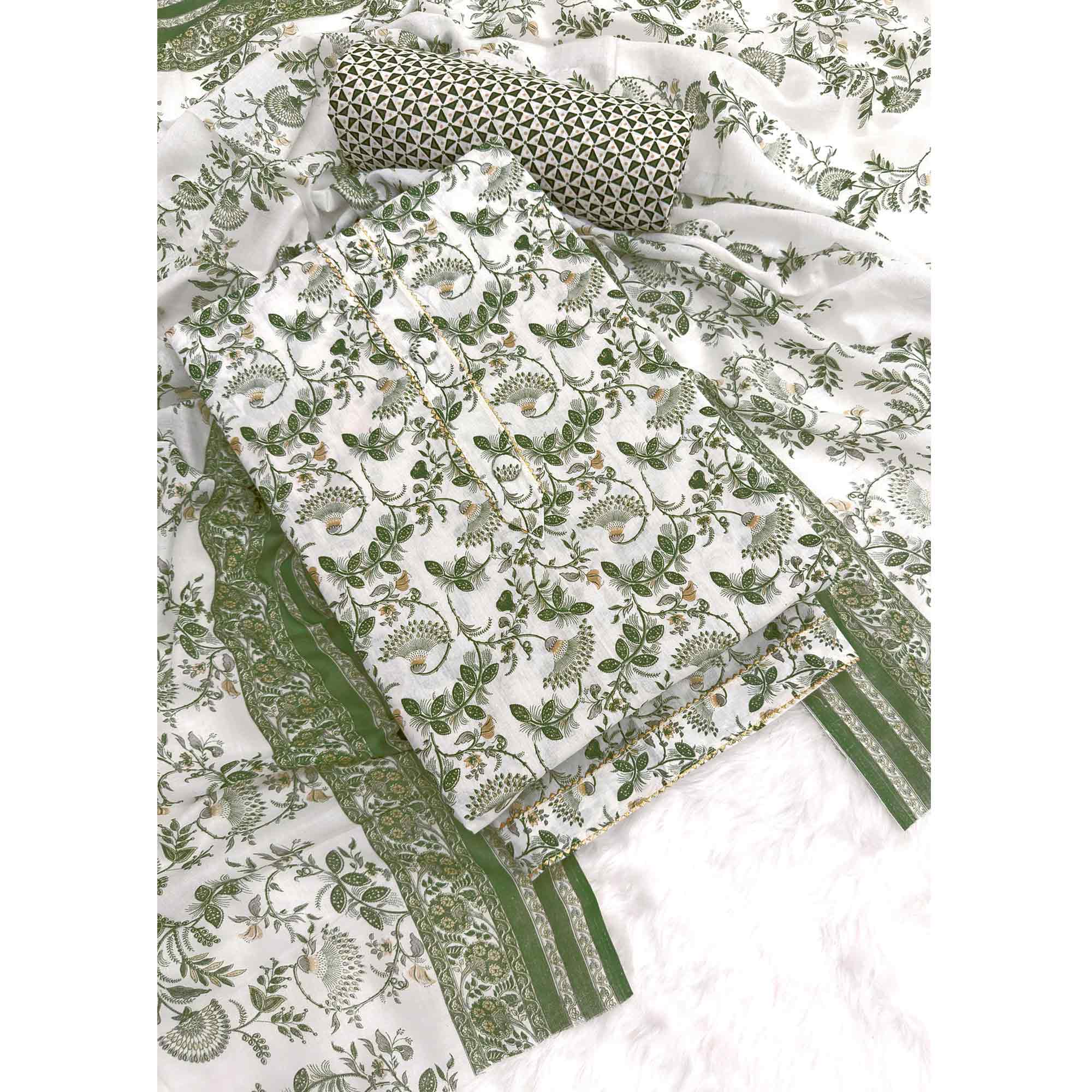 Elegant Green Floral Printed Pure Cotton Dress Material With Tie Neck & Fancy Button