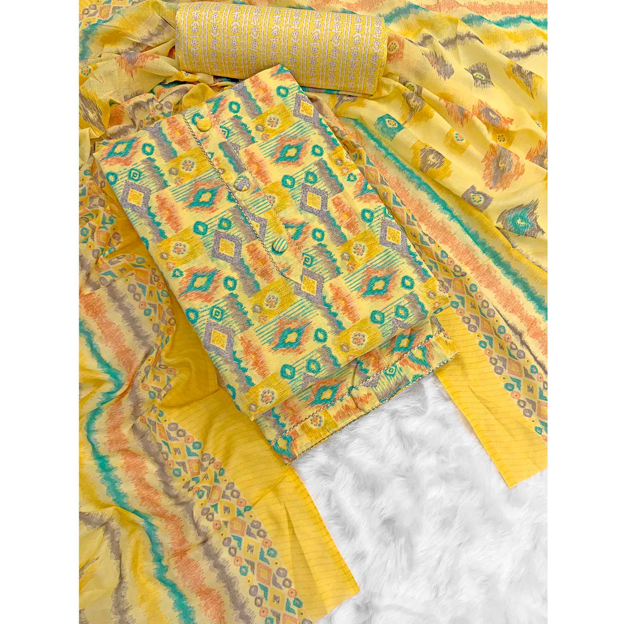 Yellow Contemporary Ikat & Geometric Style Print Pure Cotton Dress Material With Decorative Button
