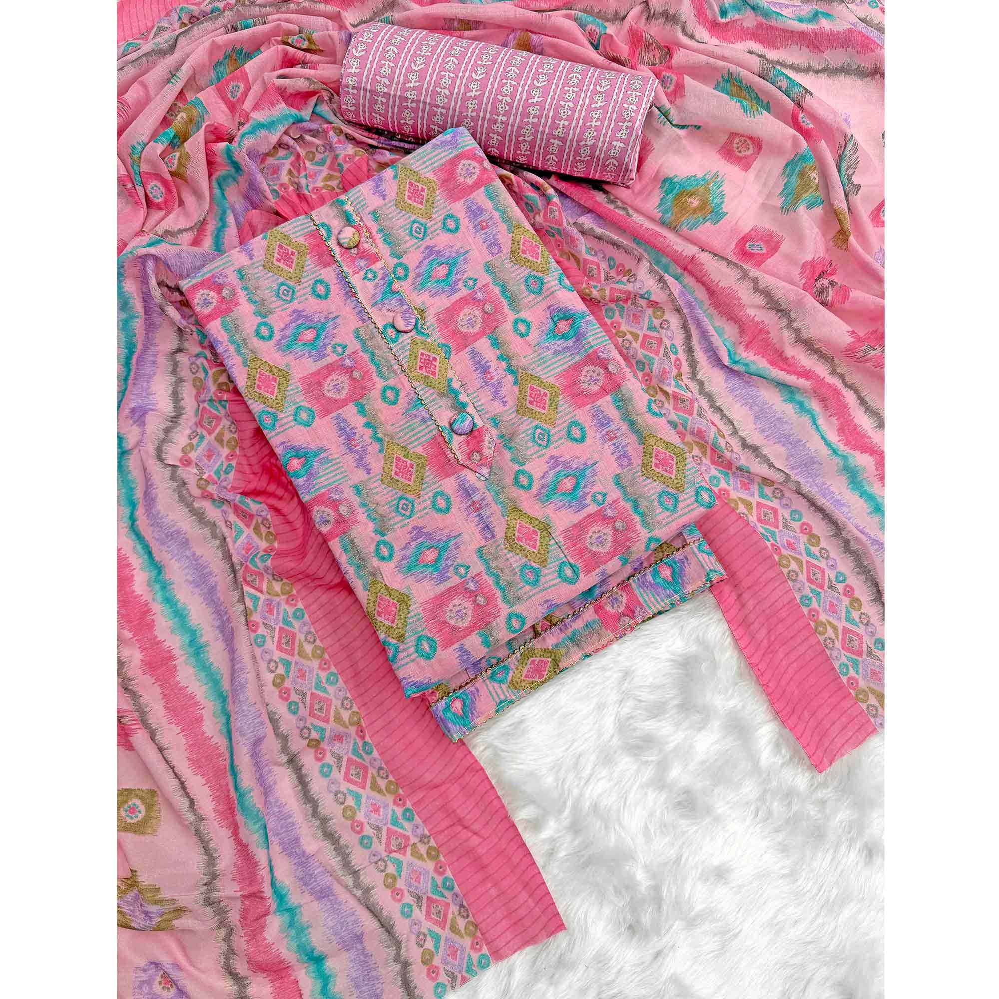 Pink Contemporary Ikat & Geometric Style Print Pure Cotton Dress Material With Decorative Button