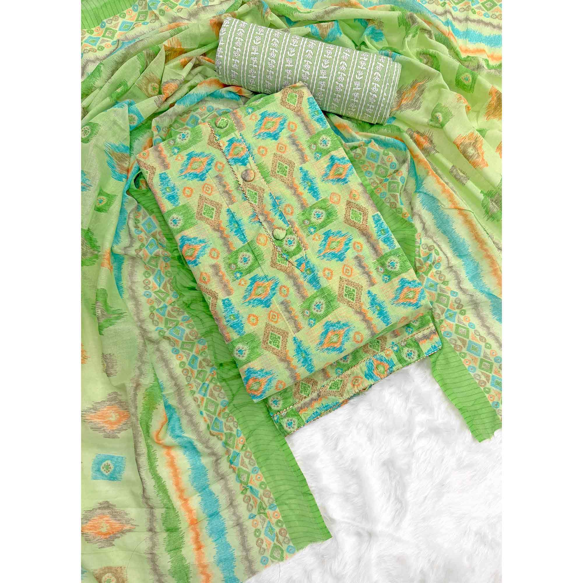 Green Contemporary Ikat & Geometric Style Print Pure Cotton Dress Material With Decorative Button